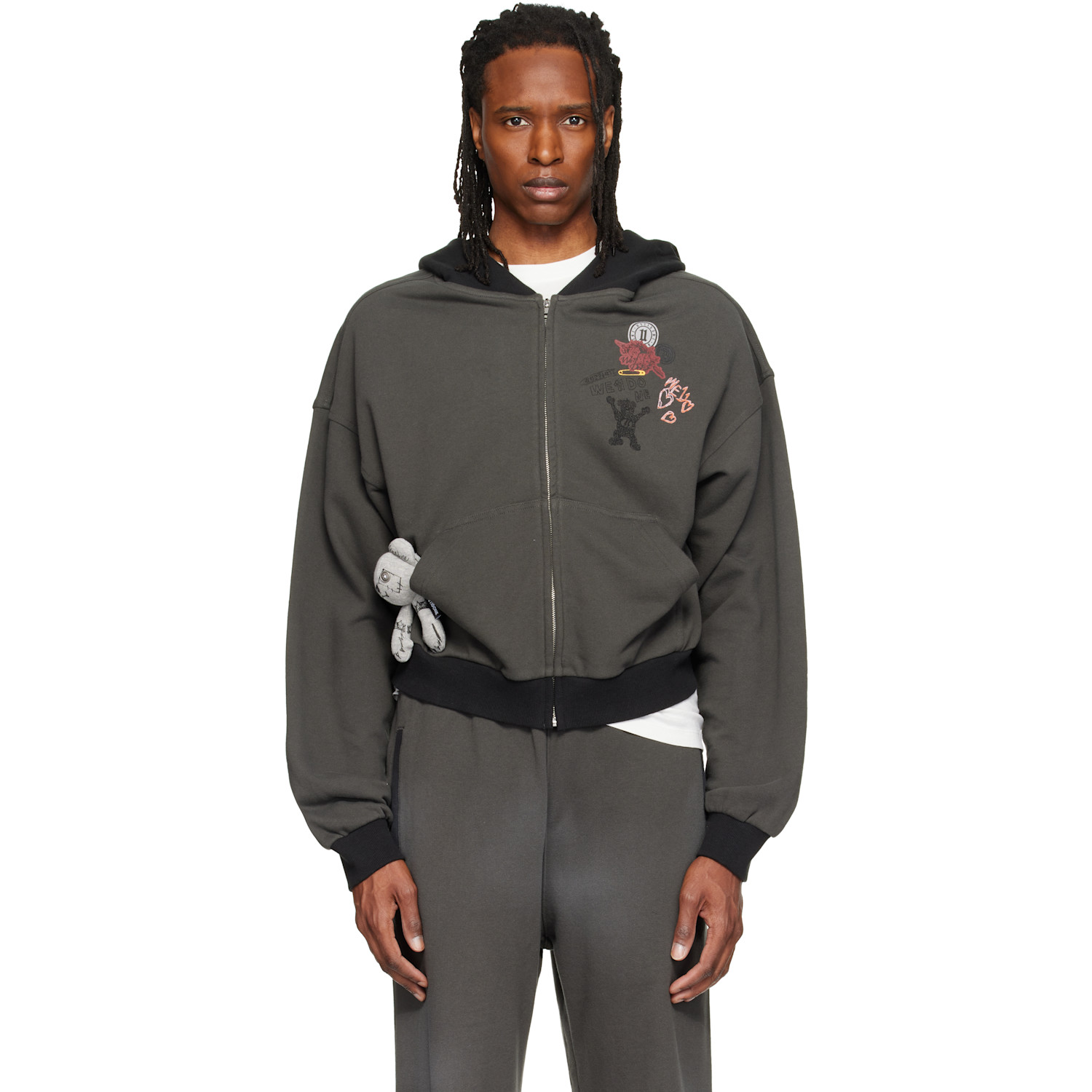 We11done Gray Washed Doodle Teddy Zip-Up Hoodie
