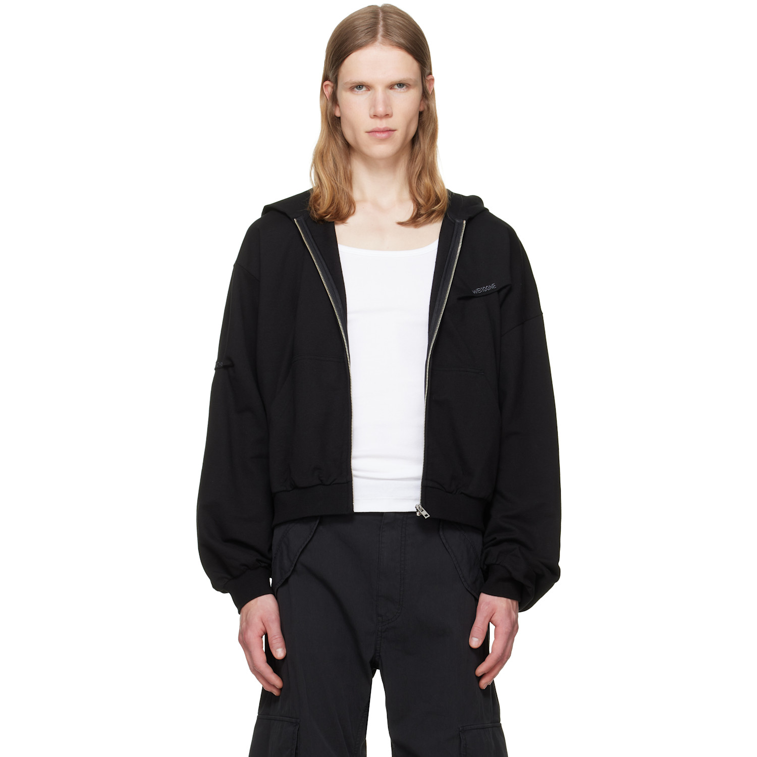 We11done Black Logo Pin-Tucked Zip-Up Hoodie