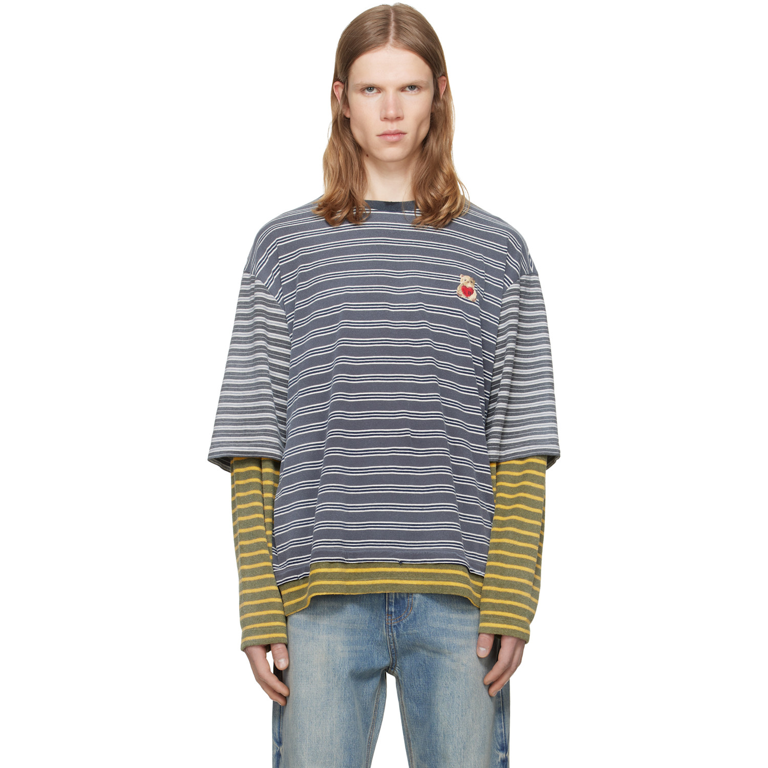 We11done Gray Contrast Striped Layered T-Shirt
