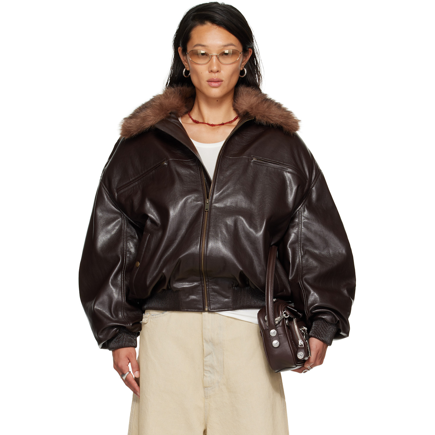 LU'U DAN Brown Faux-Leather Cargo Flight Jacket