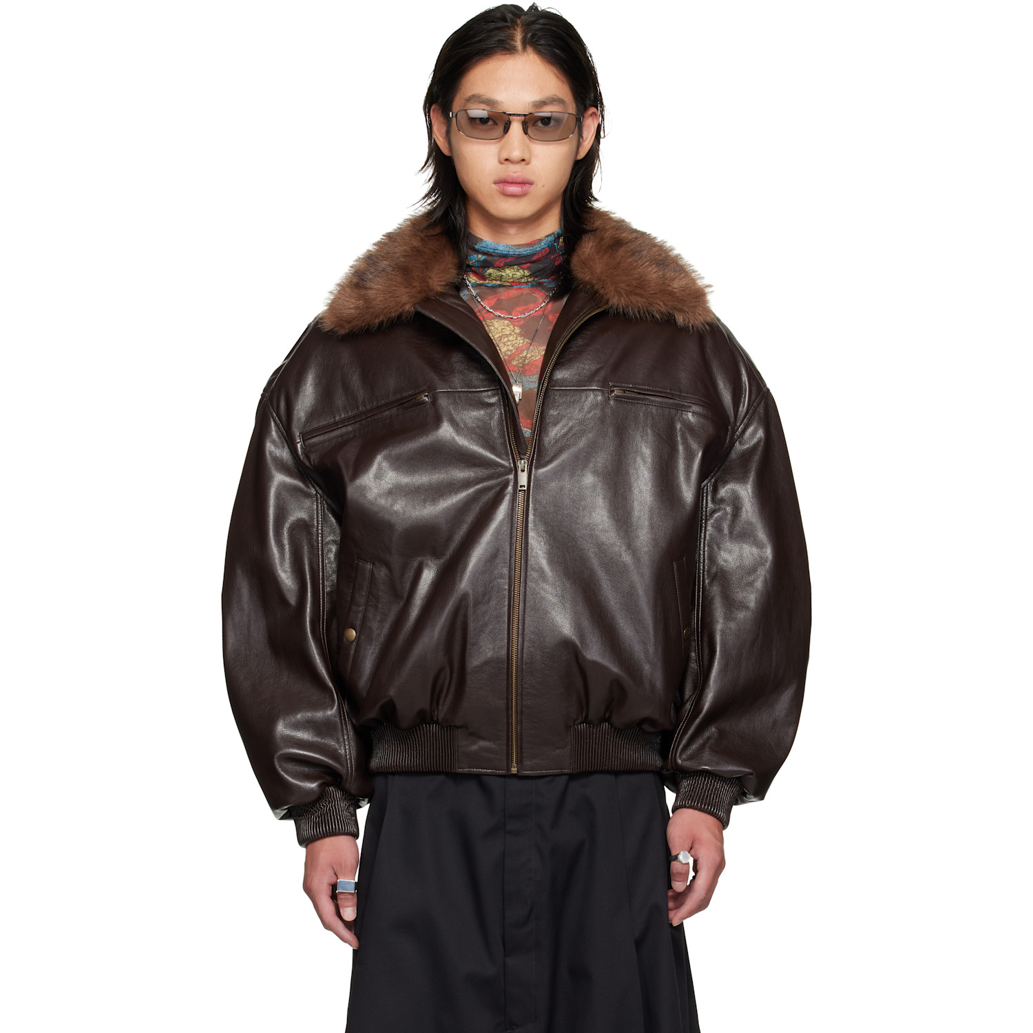 LU'U DAN Brown Faux-Leather Cargo Flight Jacket