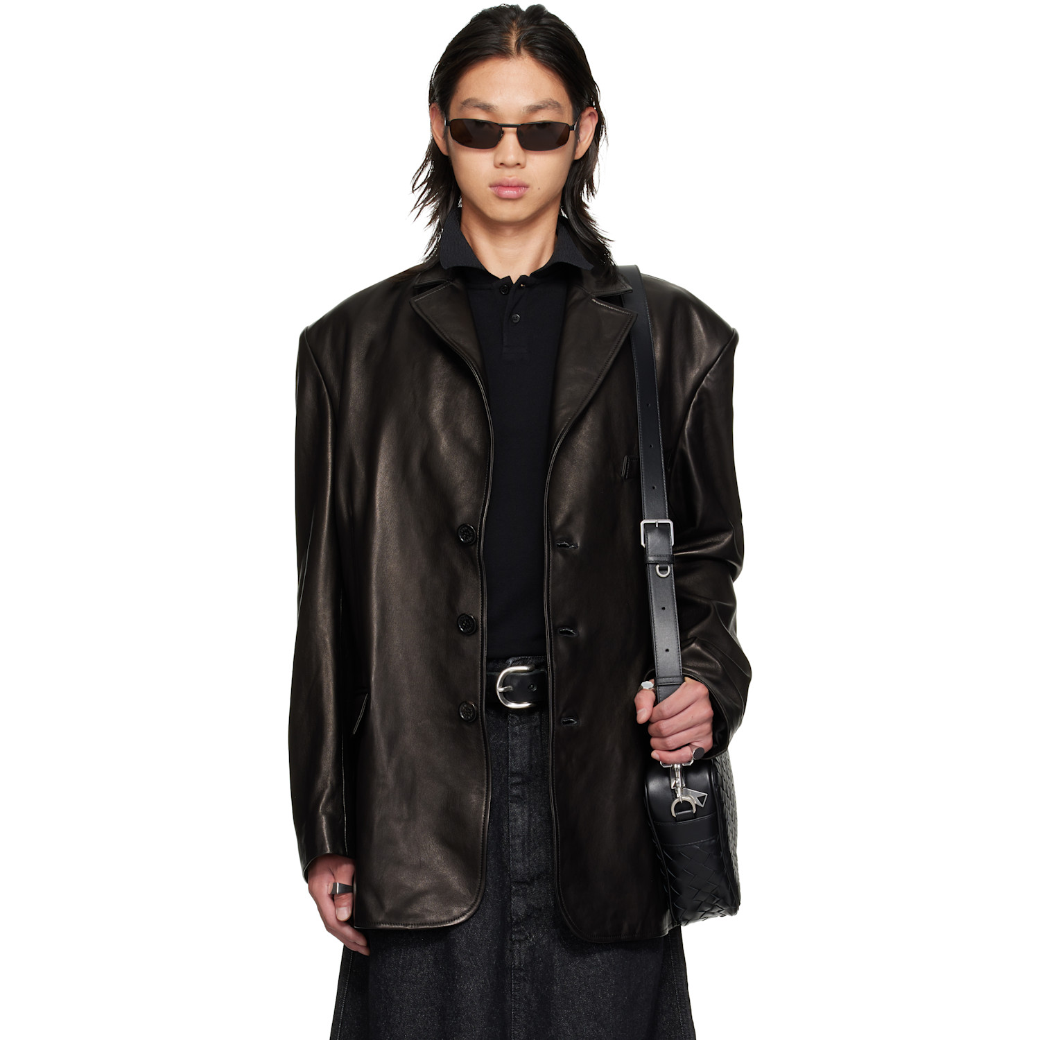 LU'U DAN Black Oversized Tailored Leather Suit Jacket