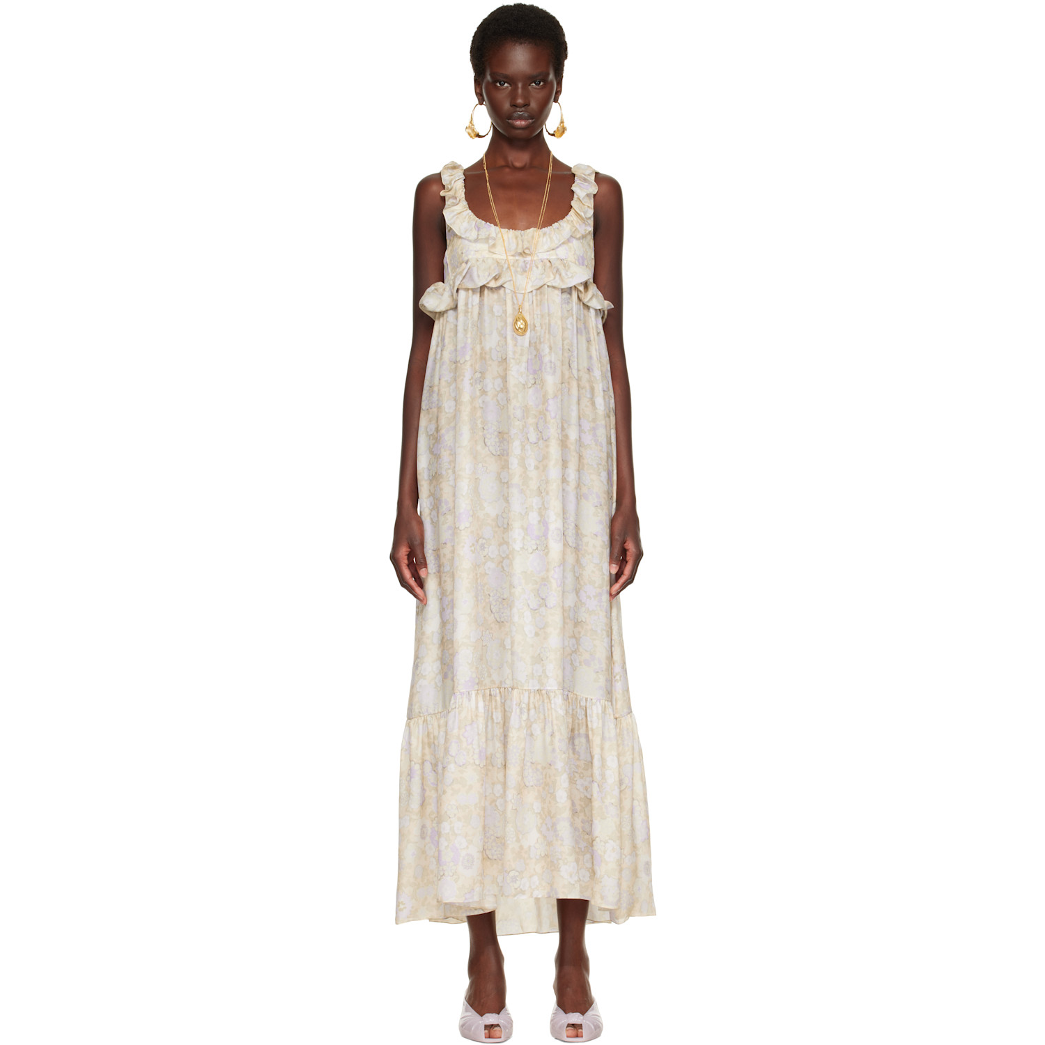 Chloé Multicolor Painted Flowers Print Silk Charmeuse Maxi Dress