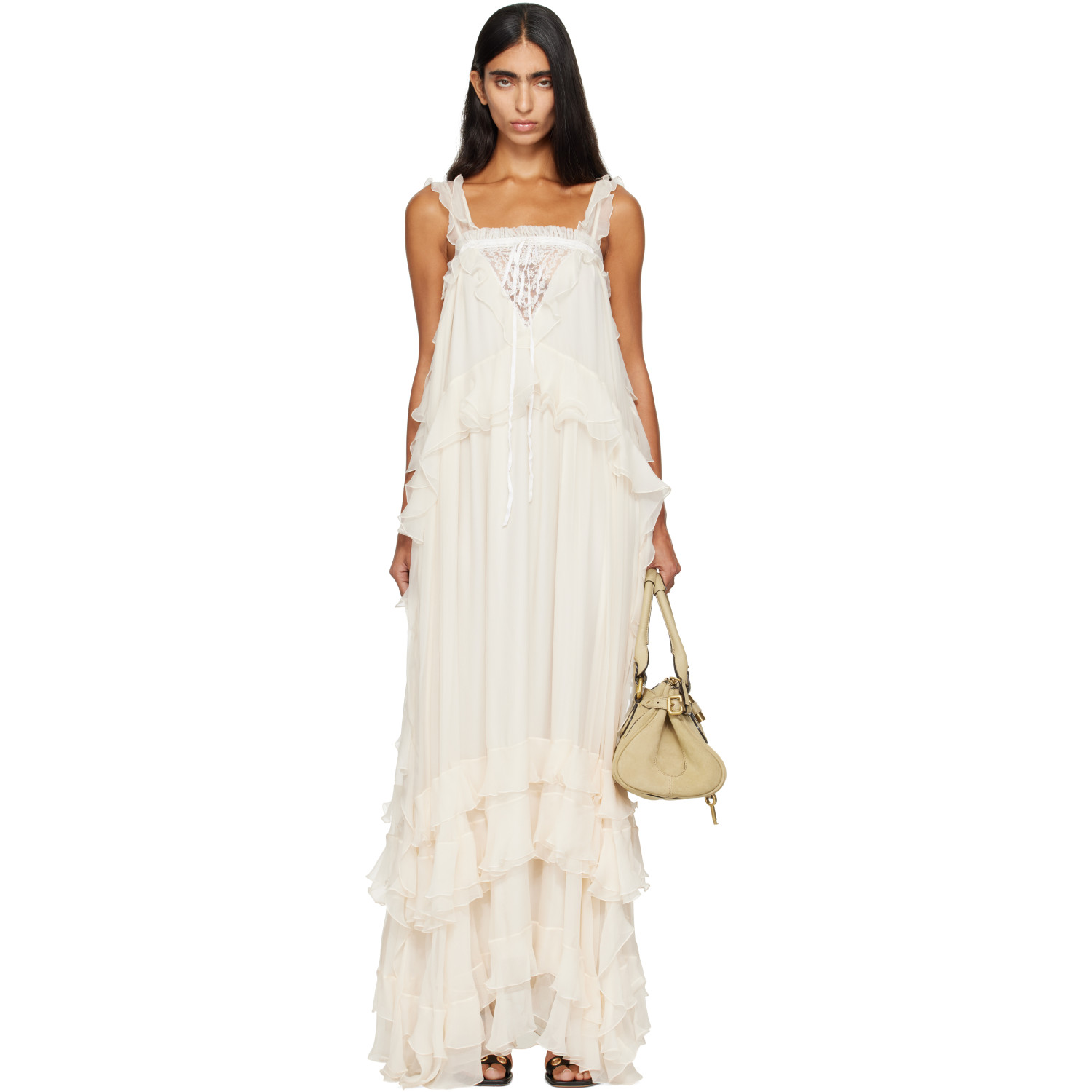 Chloé Off-White Silk Mousseline & Lace Sleeveless Layered Maxi Dress