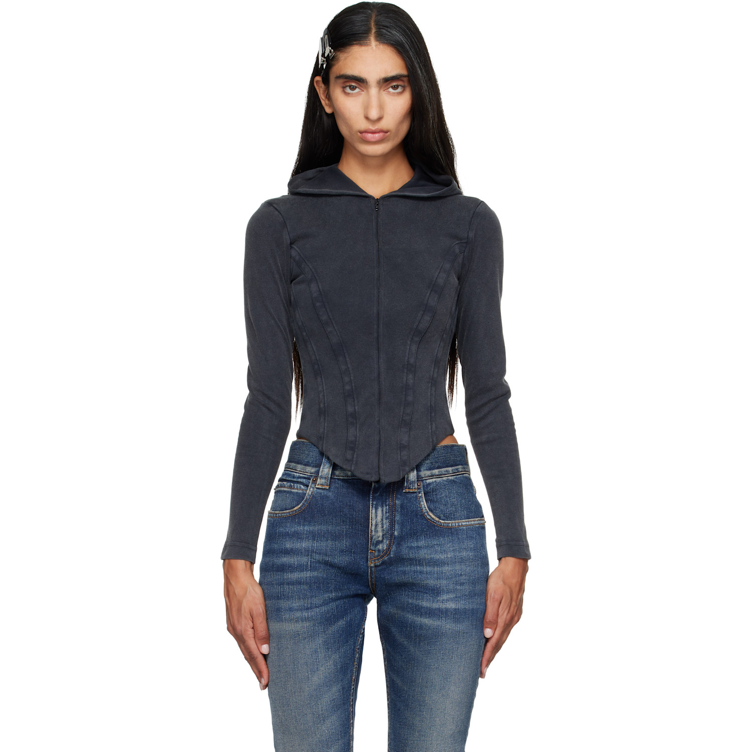 Balenciaga Black Corseted Zip Interlock Stretch Jersey Hoodie