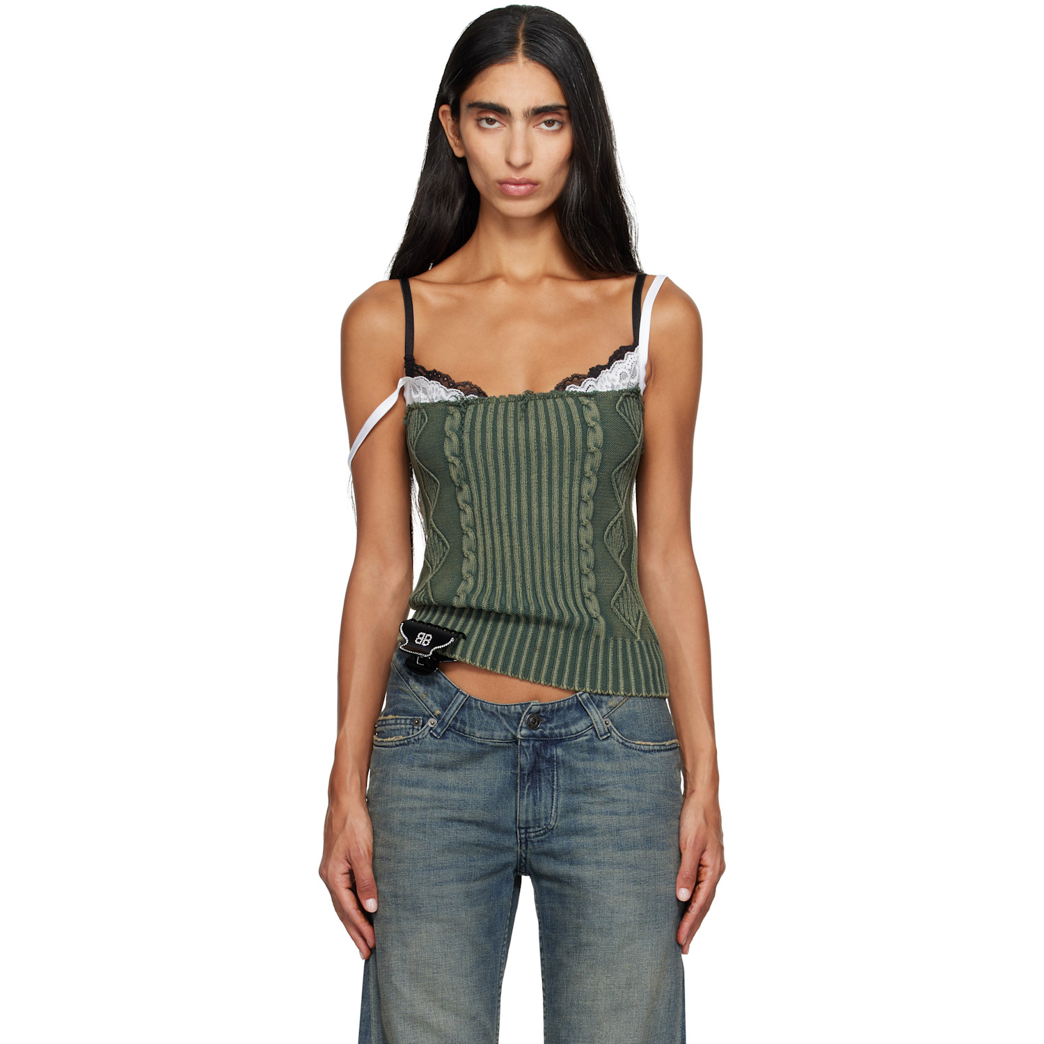 Balenciaga Green Patched Cotton Hybrid Cable Knit Tank Top