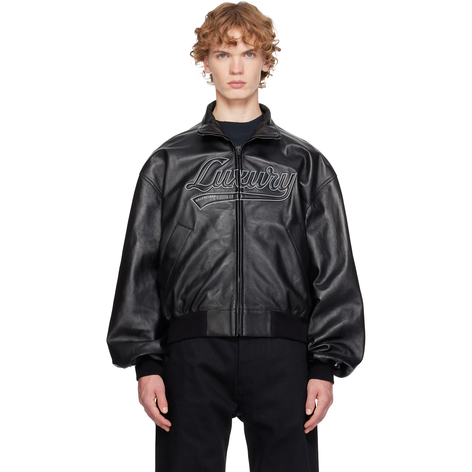 Balenciaga Black Smooth Semi Grainy Leather Bomber Jacket