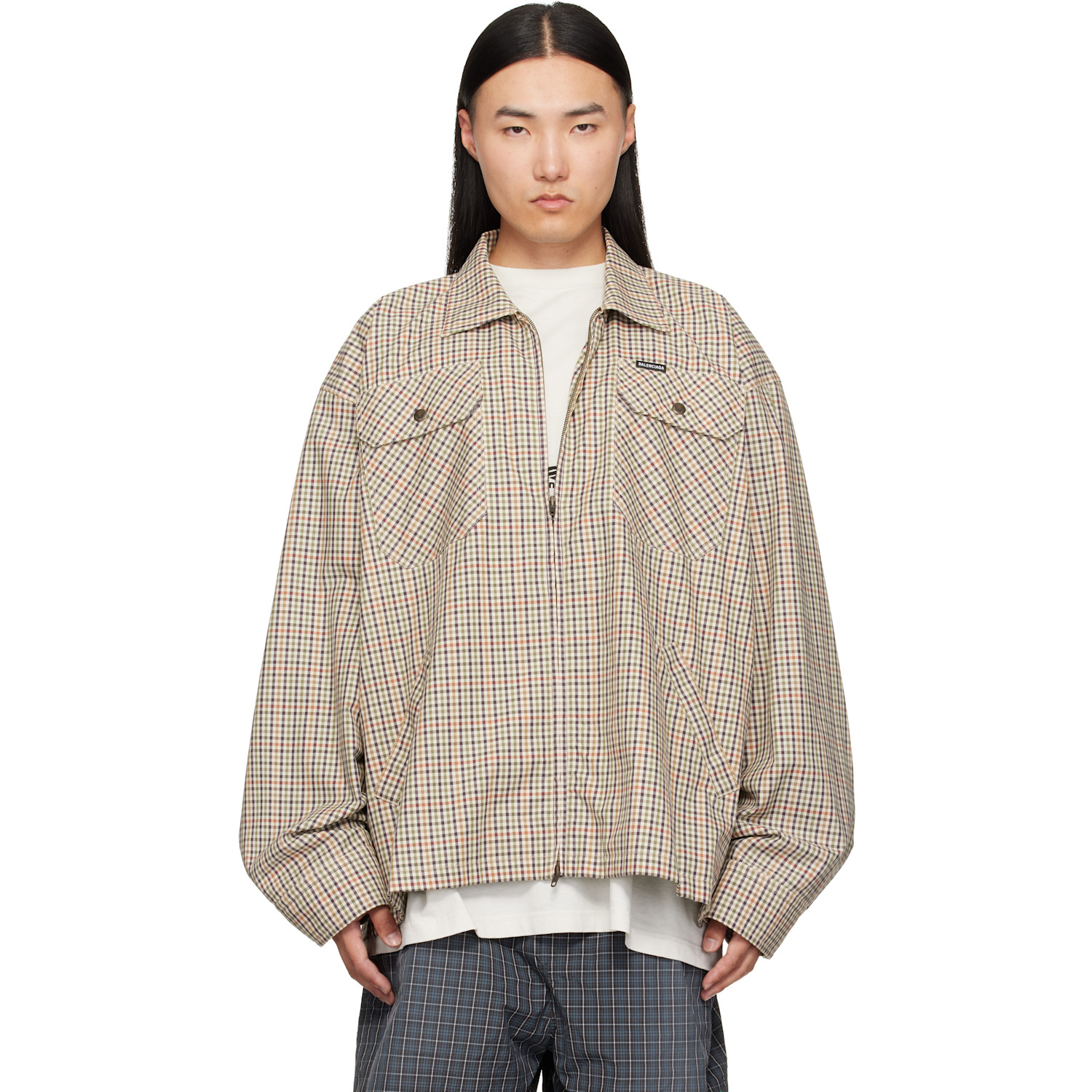 Balenciaga Beige Check Flannel Zip-Up Shirt