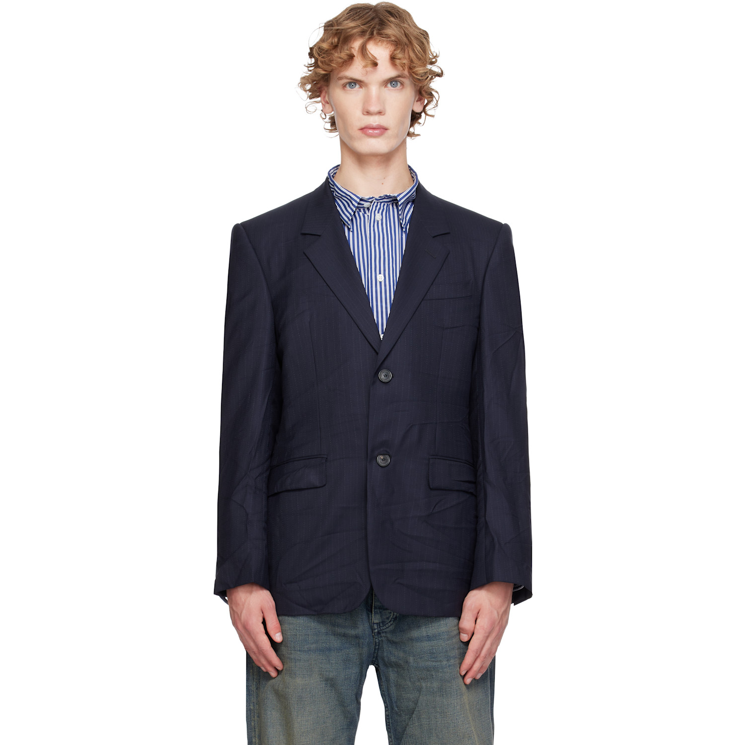 Balenciaga Navy Fine Wool Pinstripe Jacket