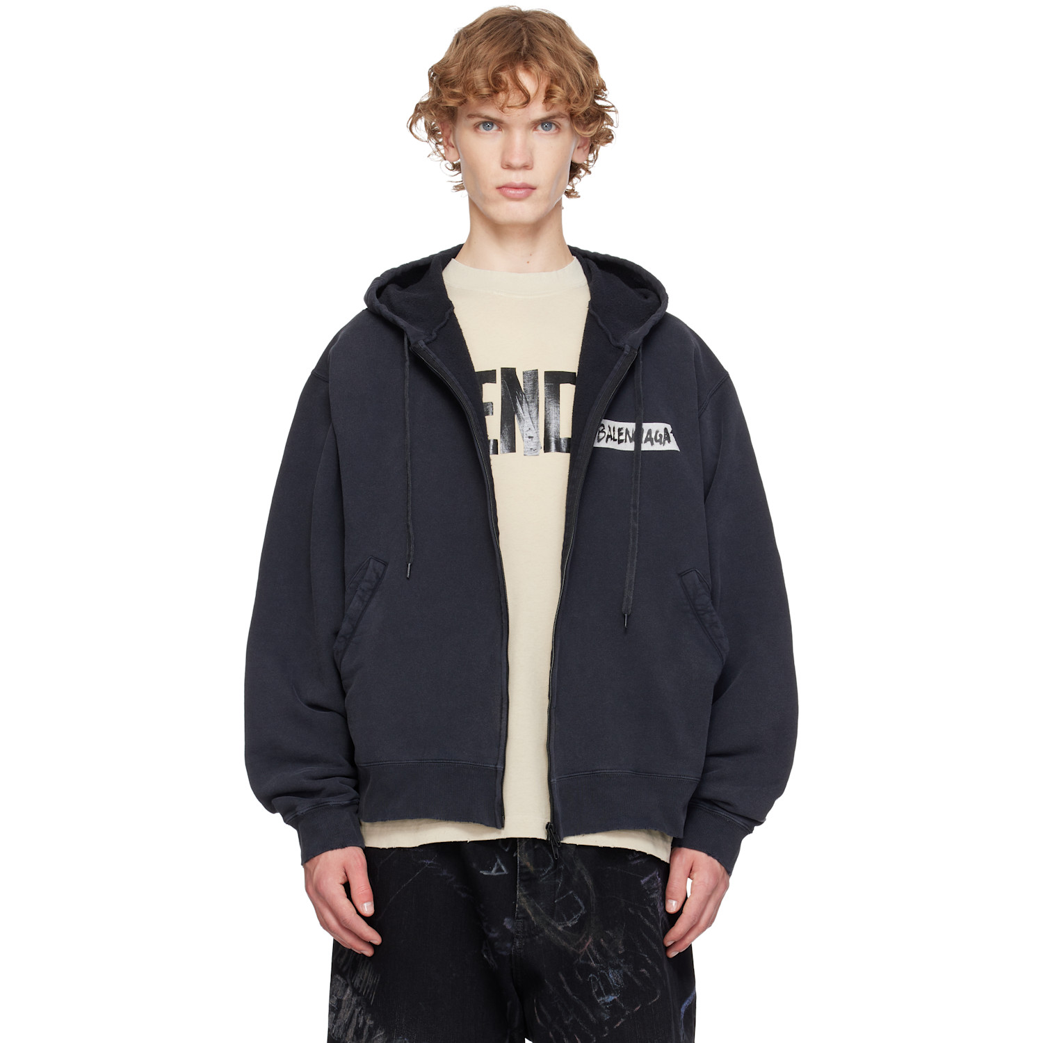 Balenciaga Black Masking Tape Oversized Zip-Up Hoodie