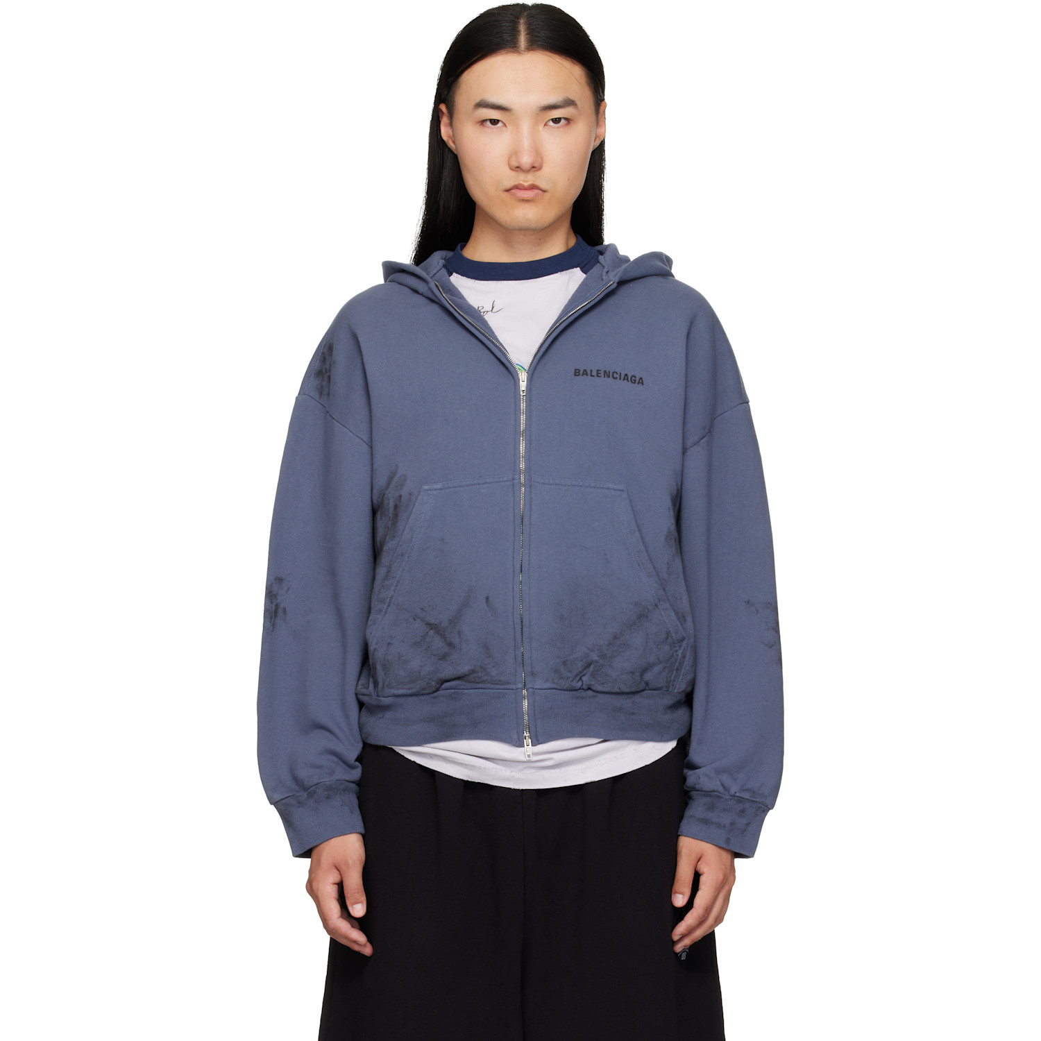 Balenciaga Blue Stained Zip-Up Hoodie