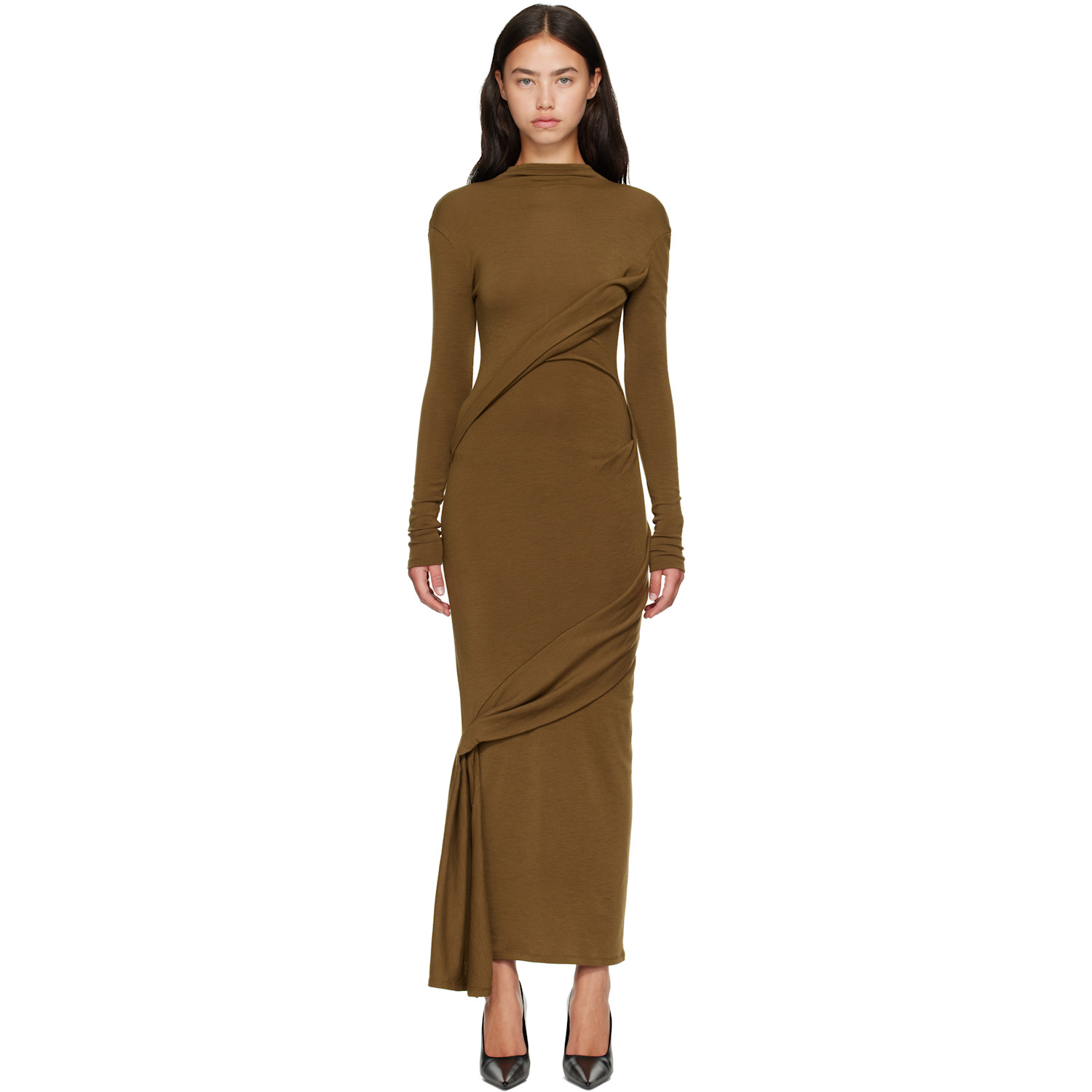 Mugler Khaki Draped Turtleneck Maxi Dress