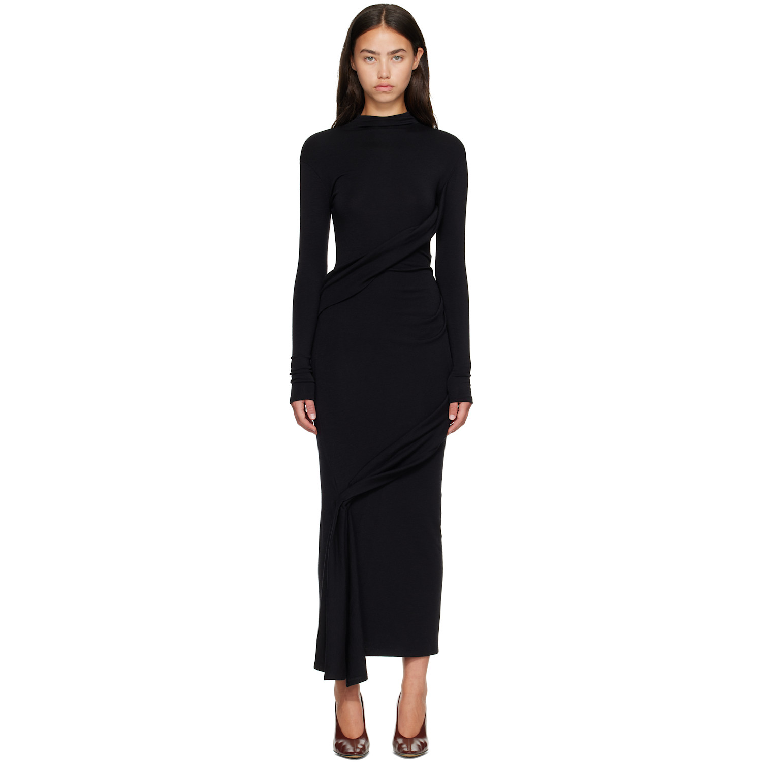 Mugler Black Draped Turtleneck Maxi Dress