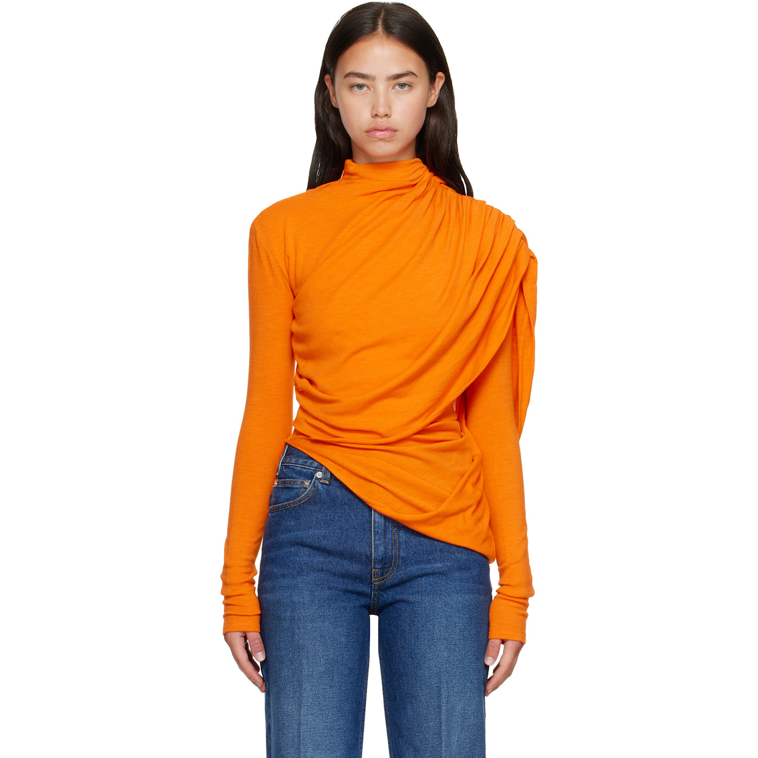 Mugler Orange Cascade Sleeves Top