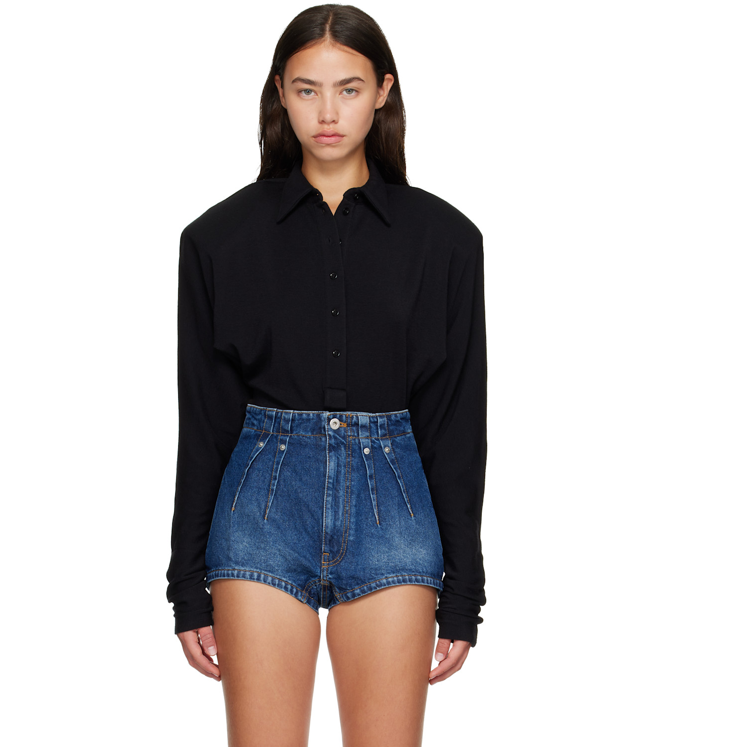 Mugler Black Batsleeves Polo Bodysuit