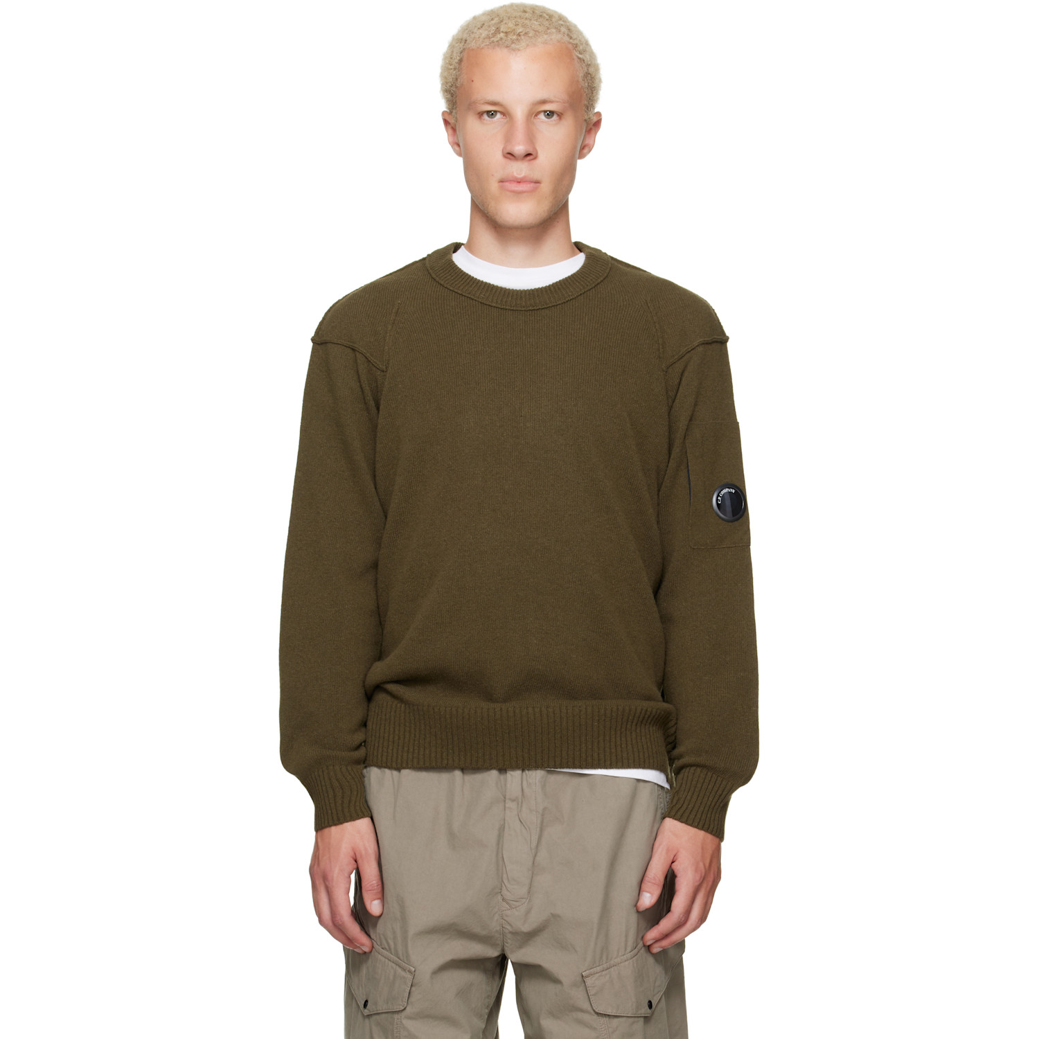C.P. Company Khaki Lambswool Lens Crewneck Contrast Sweater
