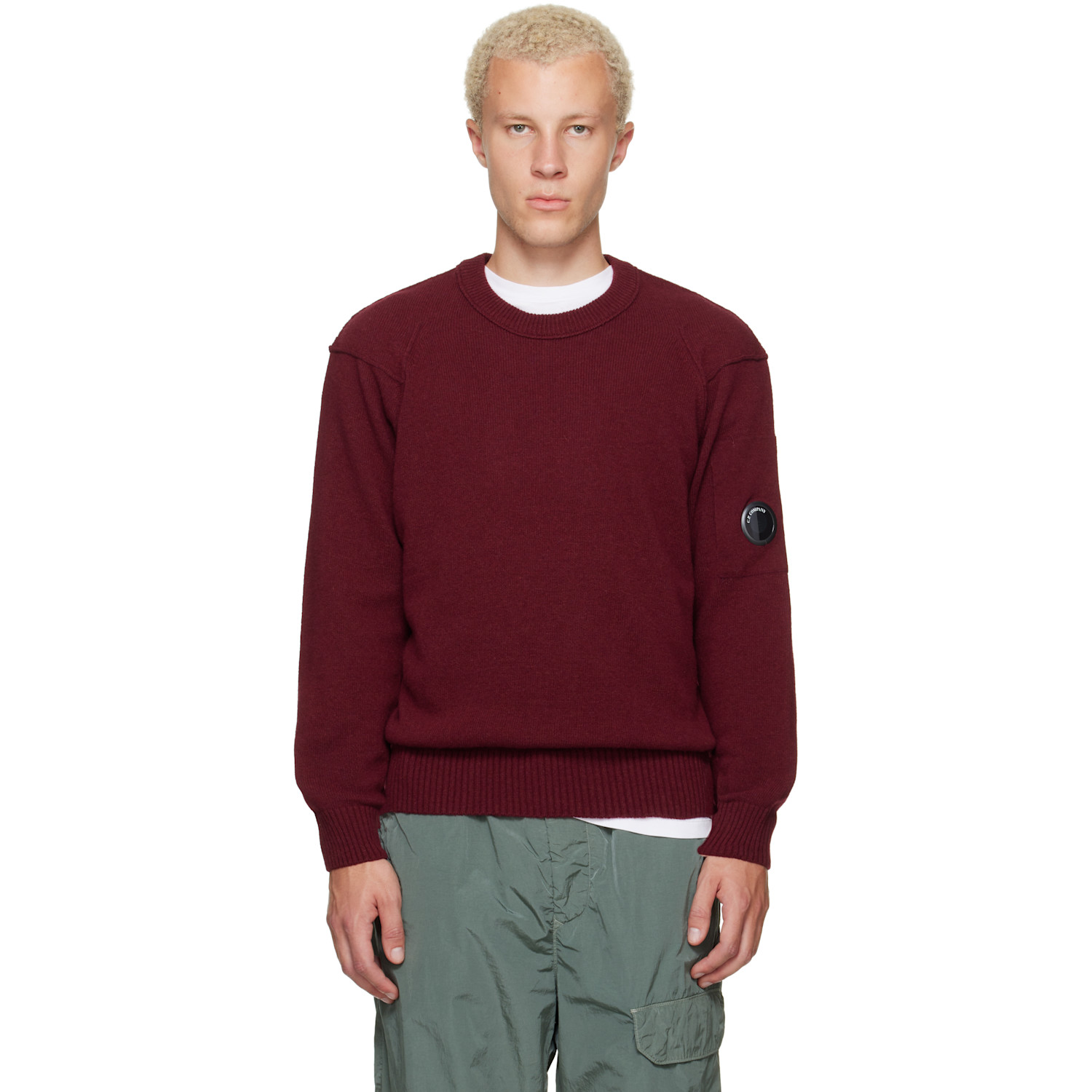 C.P. Company Burgundy Lambswool Lens Crewneck Contrast Sweater