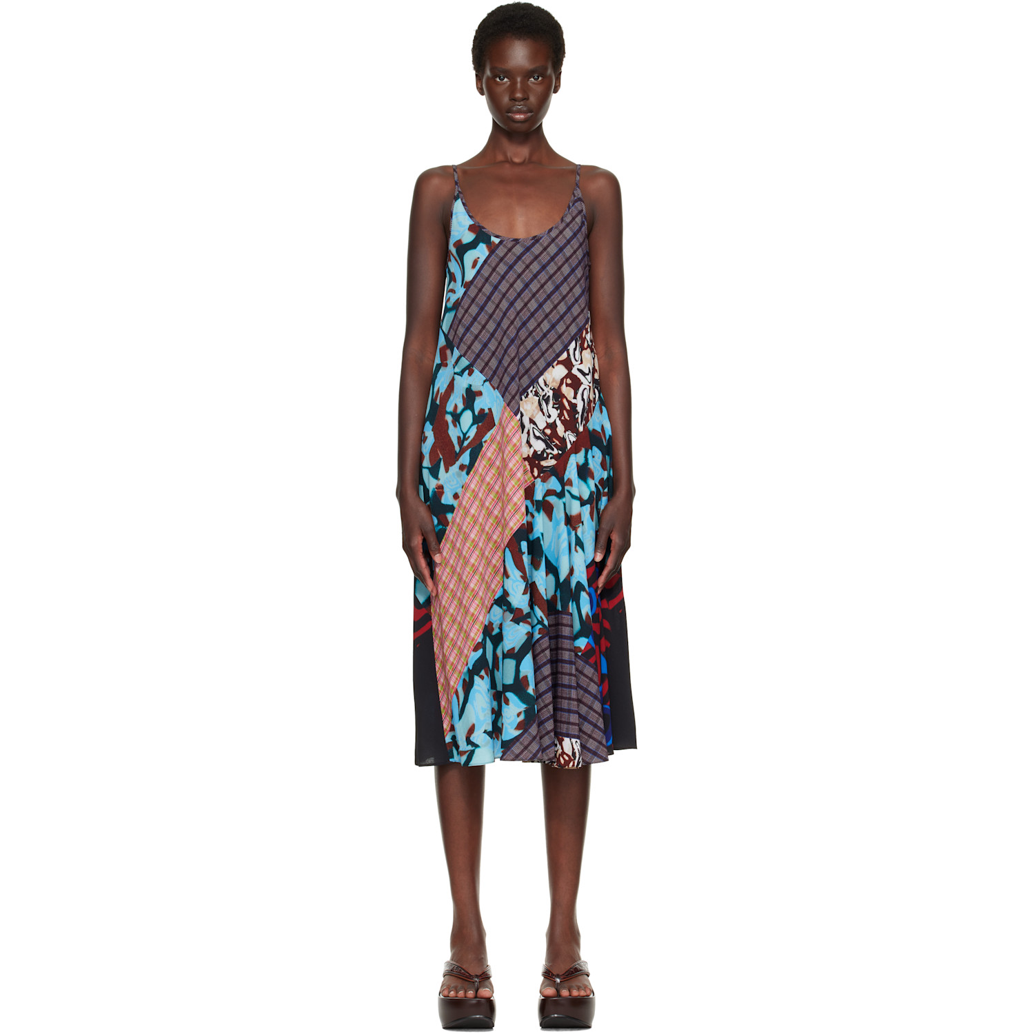 Dries Van Noten Red & Blue Printed Slip Midi Dress