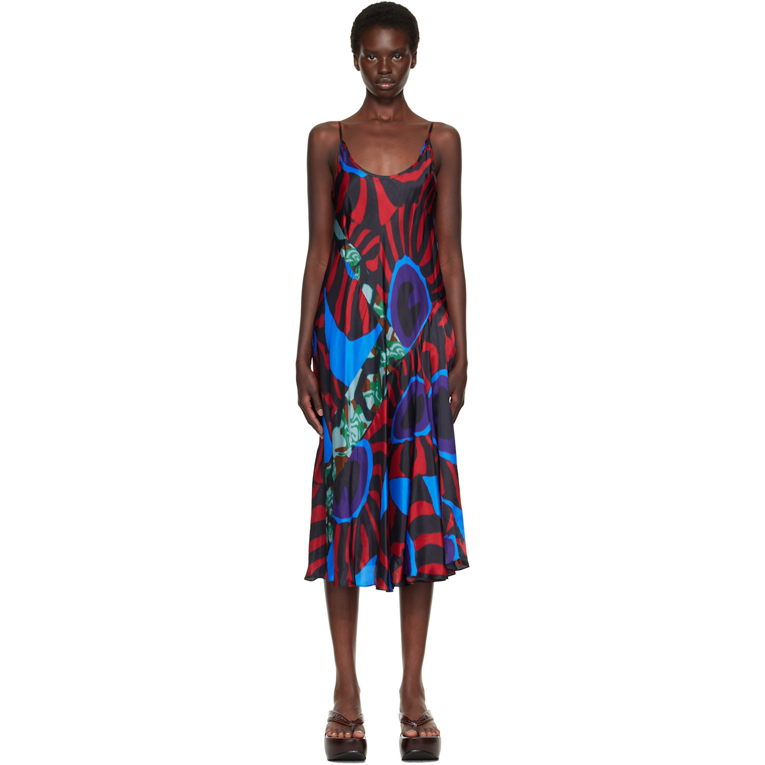 Dries Van Noten Red & Blue Printed Slip Midi Dress