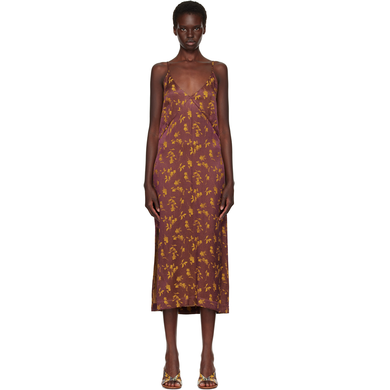 Dries Van Noten Burgundy Jacquard Midi Dress