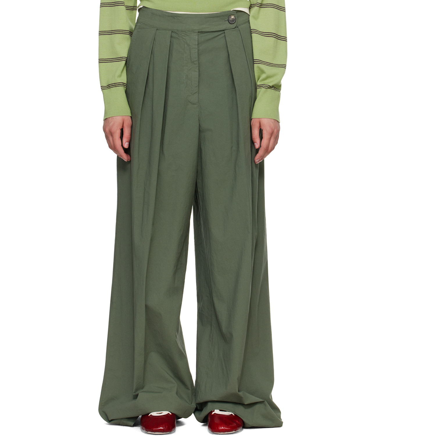 Dries Van Noten Khaki Wide Pleated Trousers