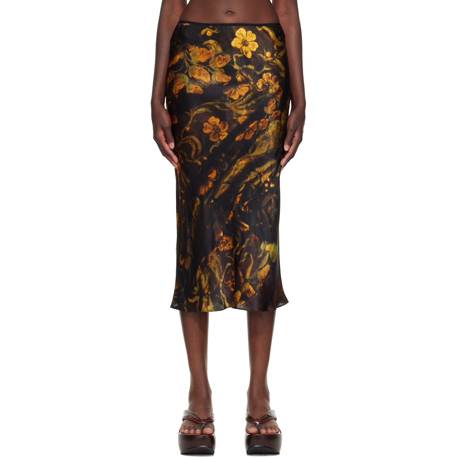 Dries Van Noten Black Floral Midi Skirt