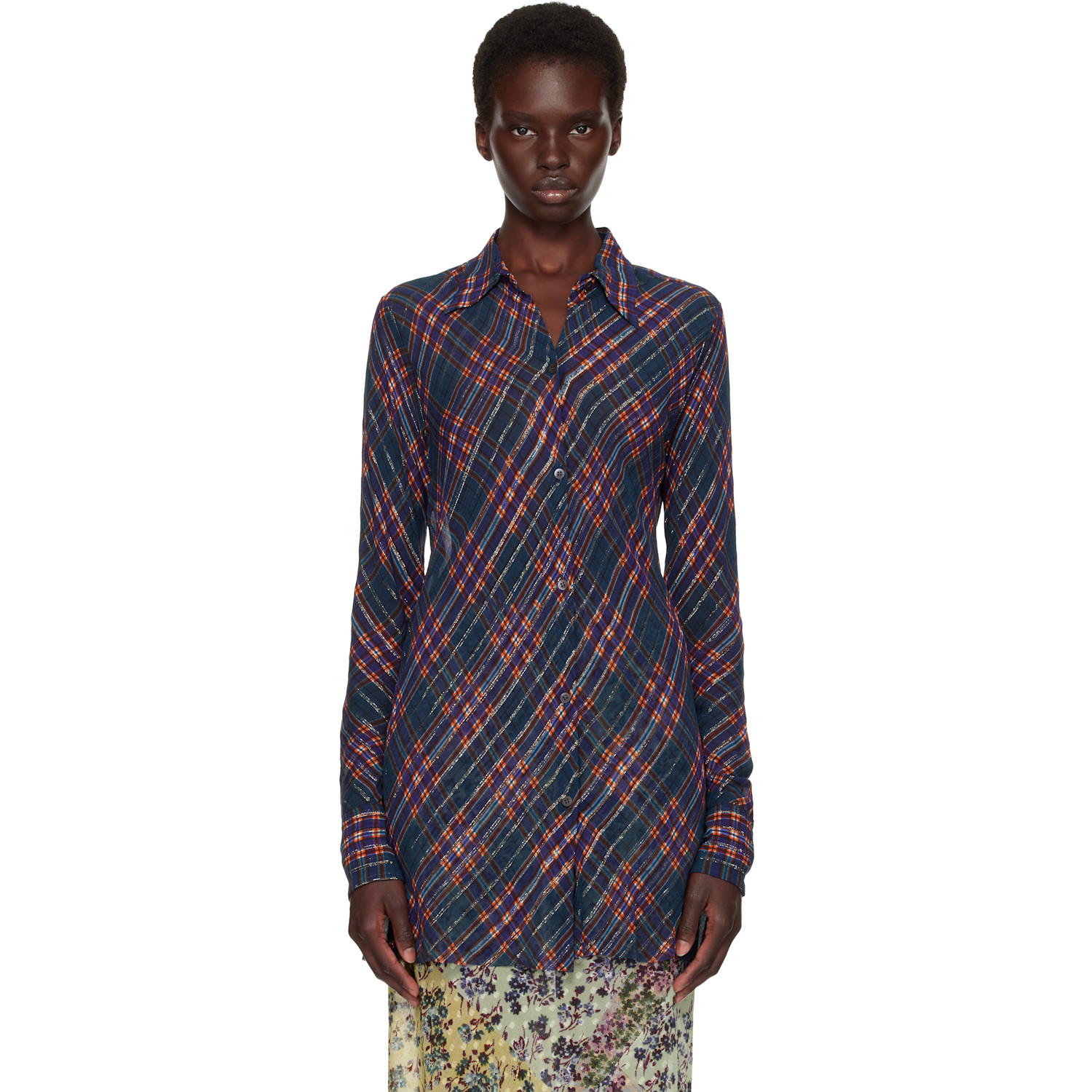 Dries Van Noten Navy & Red Fitted Lurex Shirt