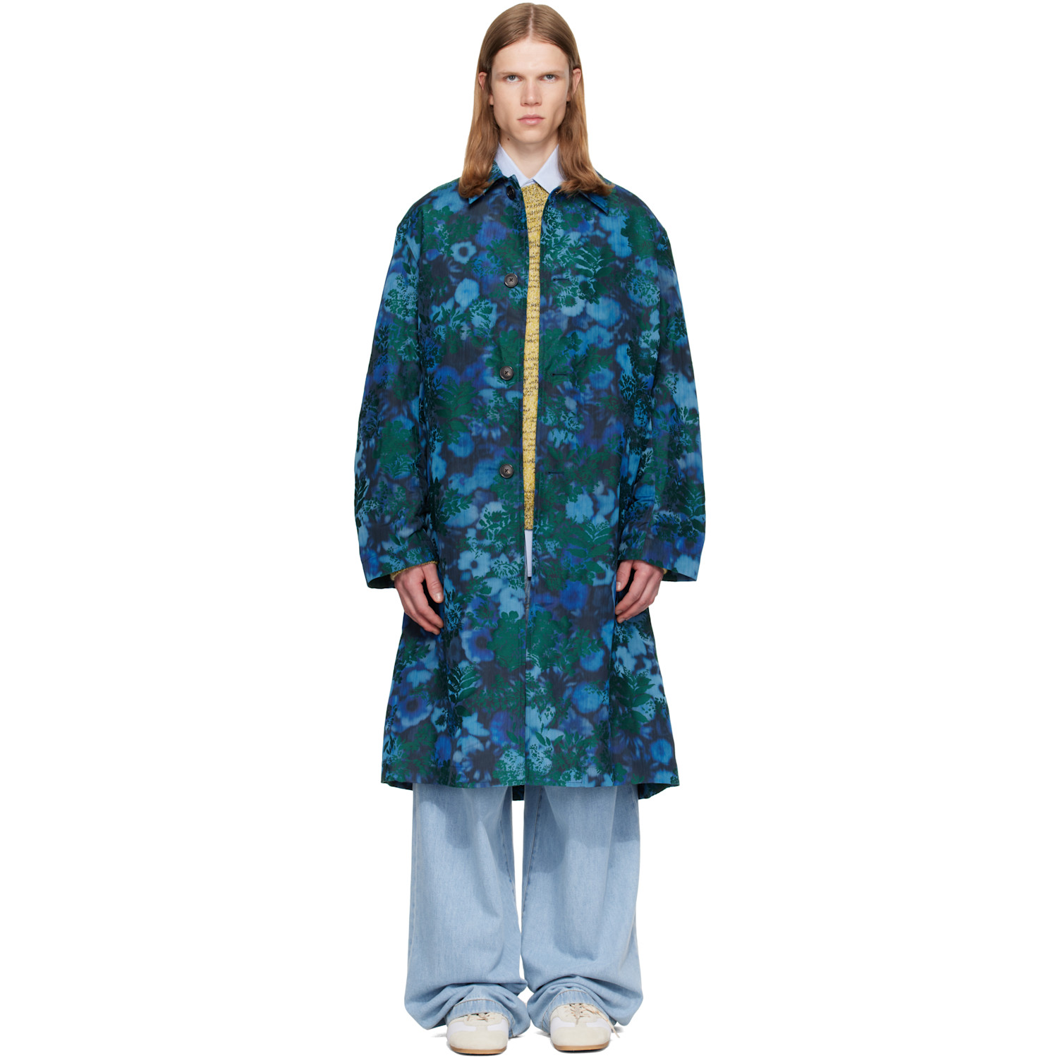 Dries Van Noten Blue Floral Jacquard Coat