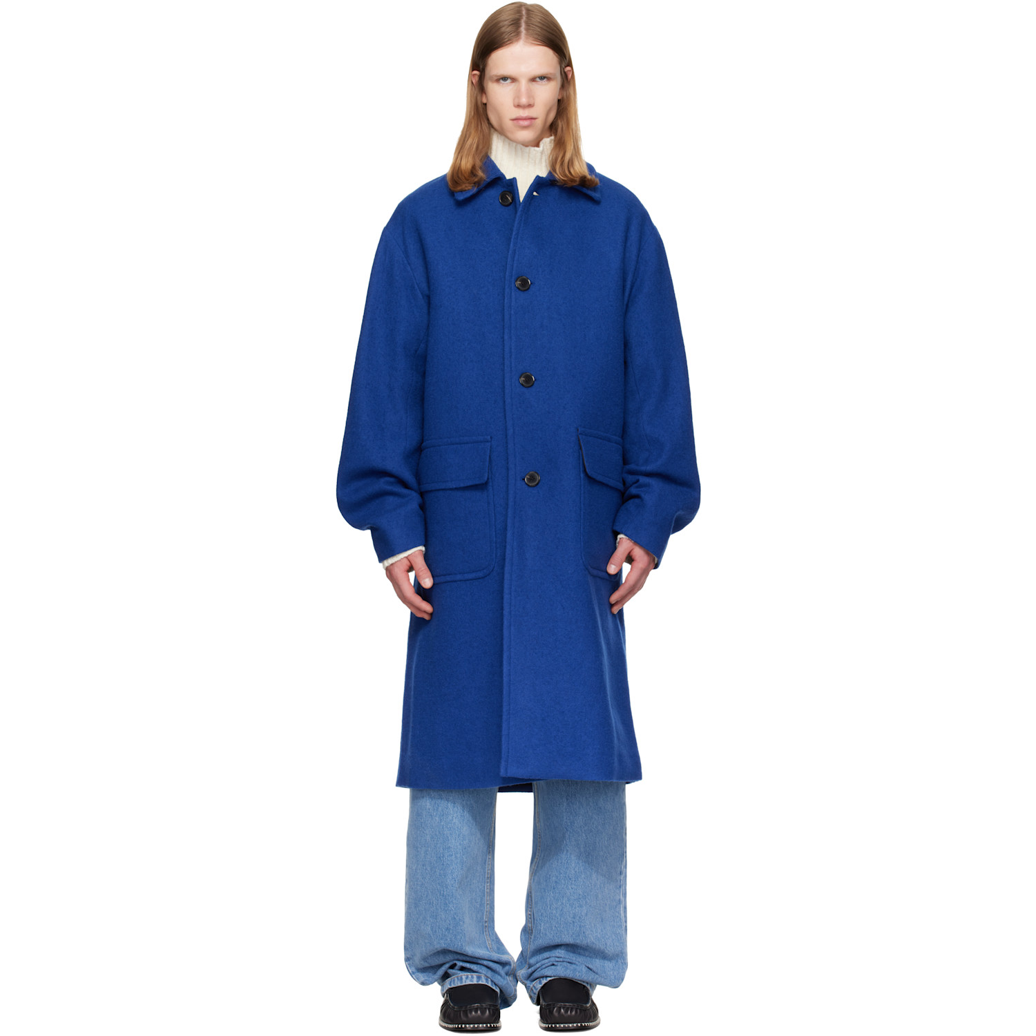 Dries Van Noten Blue Single-Breasted Wool Coat