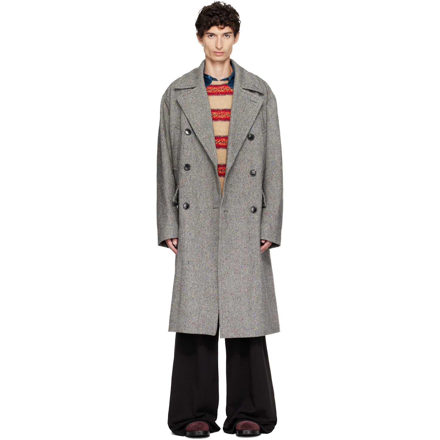 Dries Van Noten Black & Gray Oversized Wool Tweed Coat