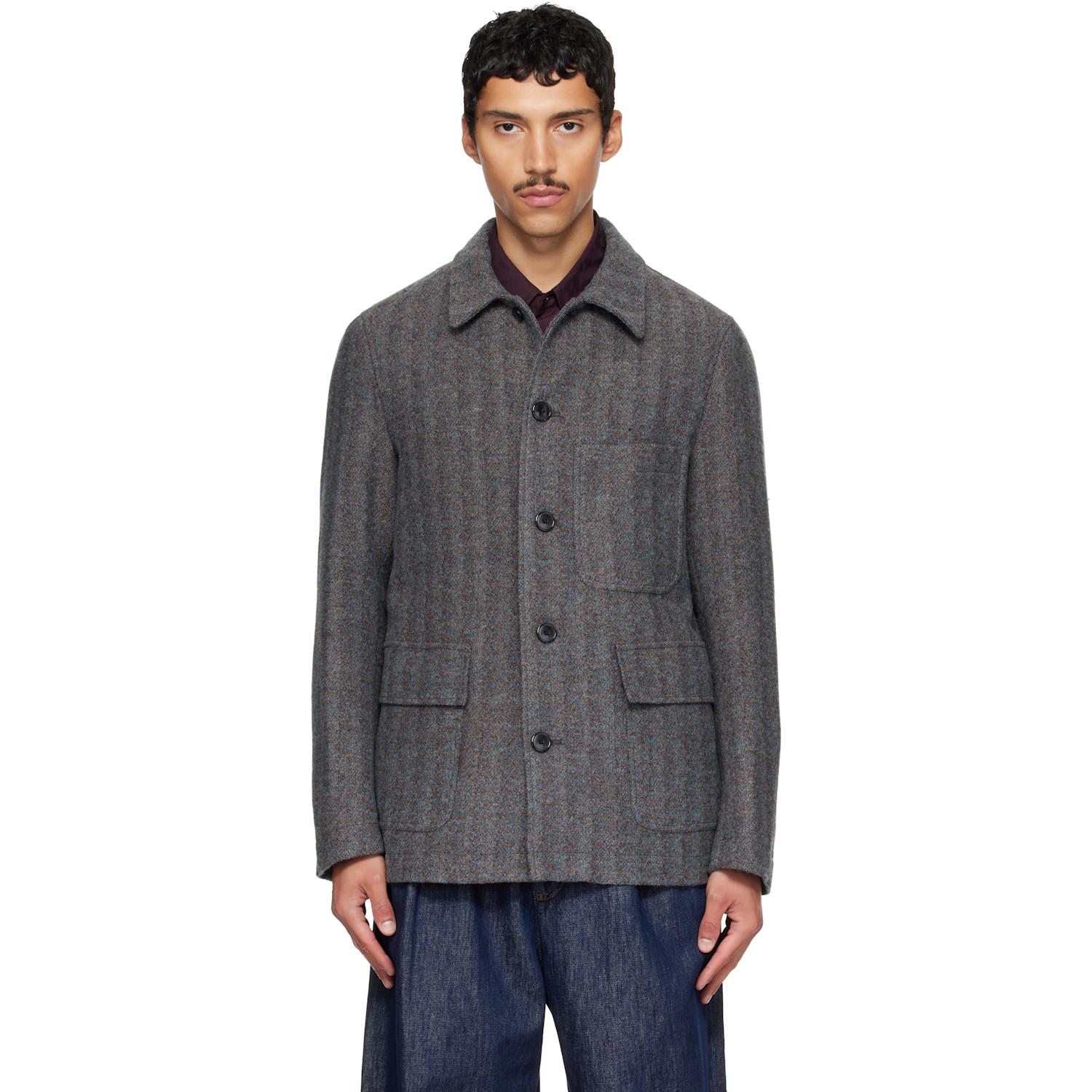 Dries Van Noten Gray & Blue Wool Jacket