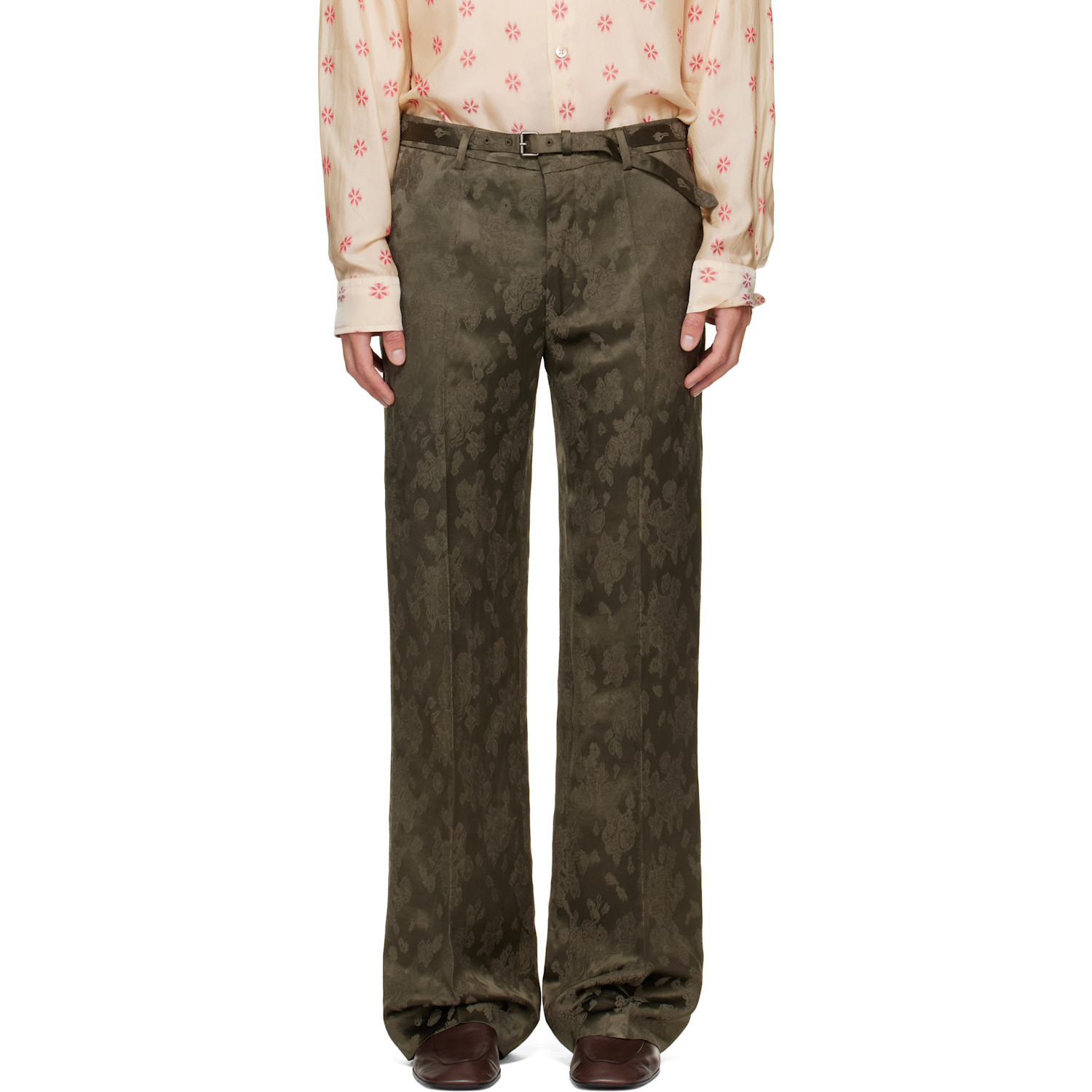 Dries Van Noten Khaki Belted Floral Jacquard Trousers