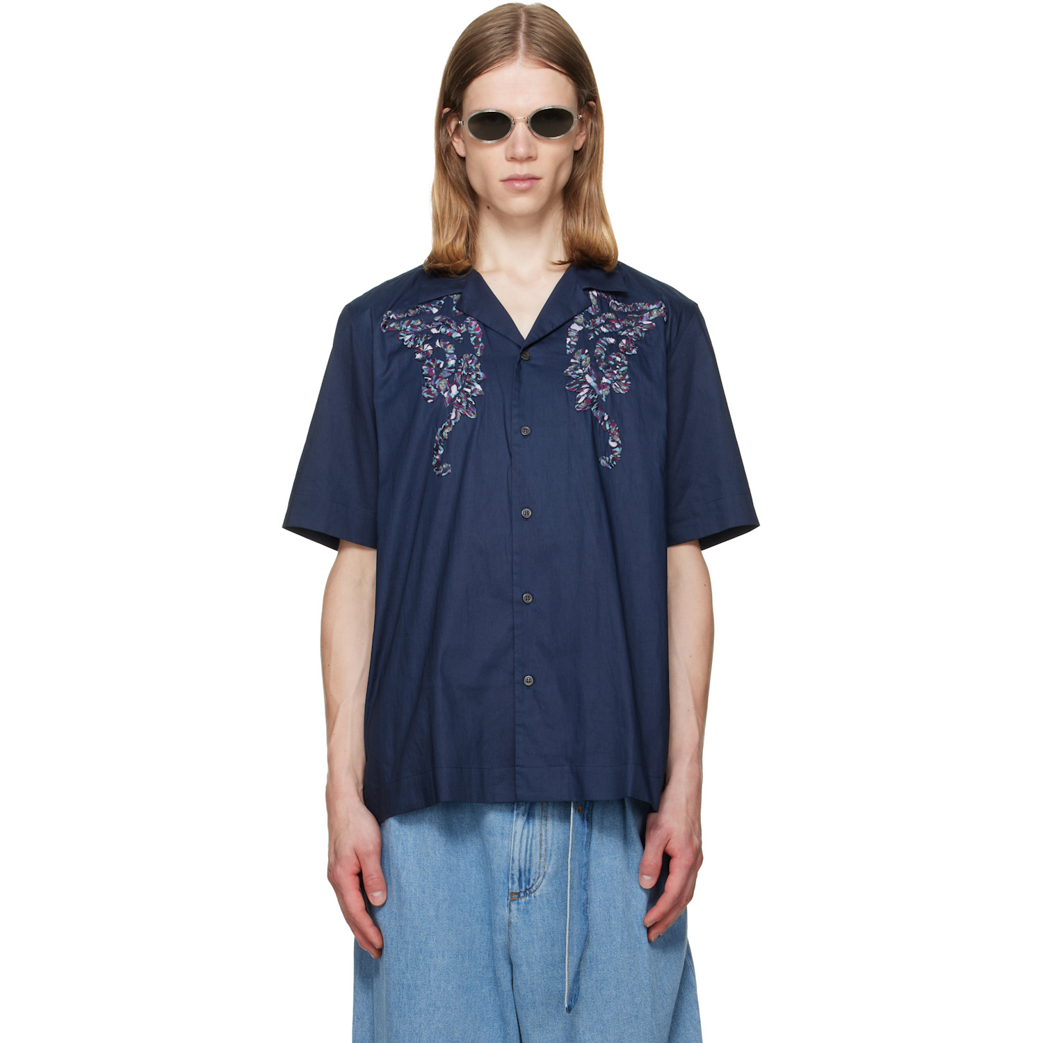 Dries Van Noten Navy Cotton Appliqué Shirt