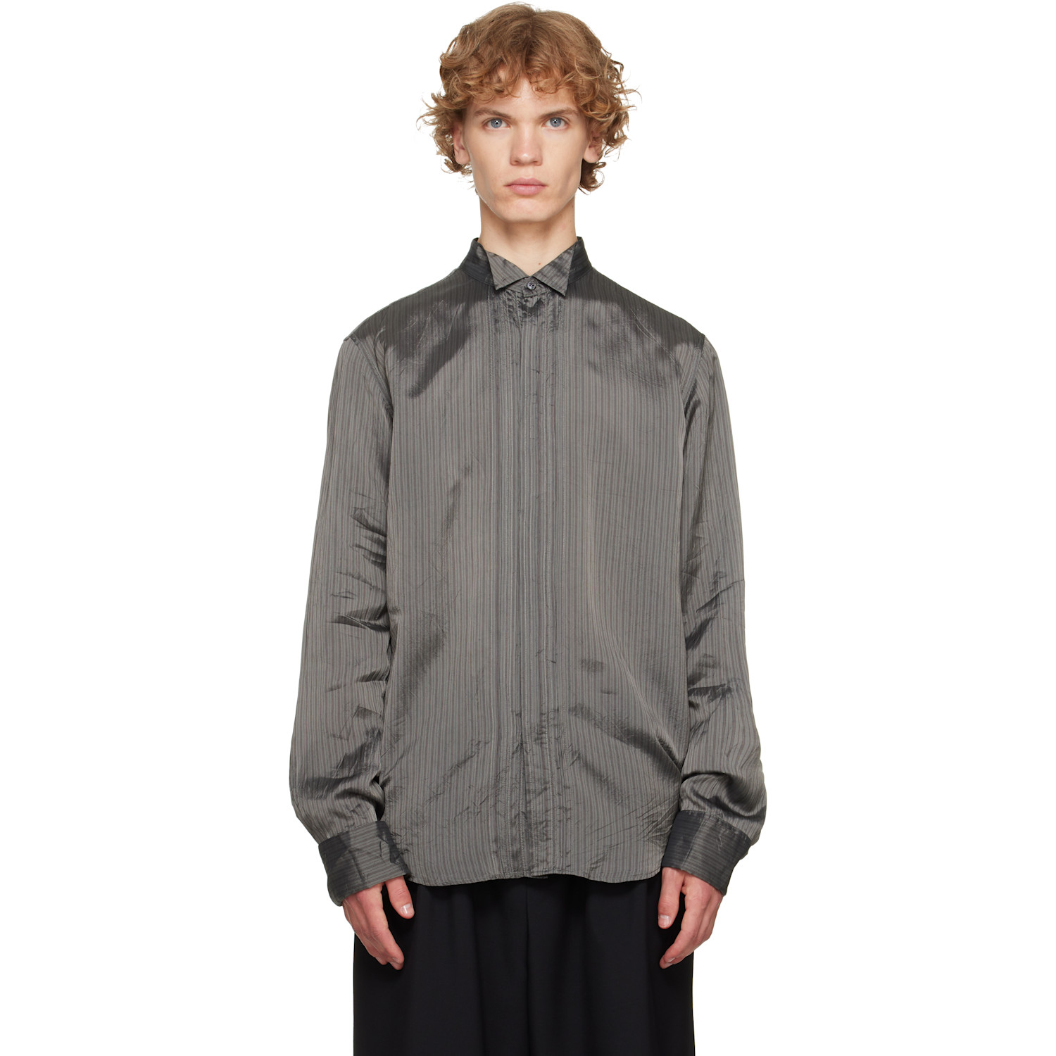 Dries Van Noten Gray & Burgundy Pinstripe Shirt