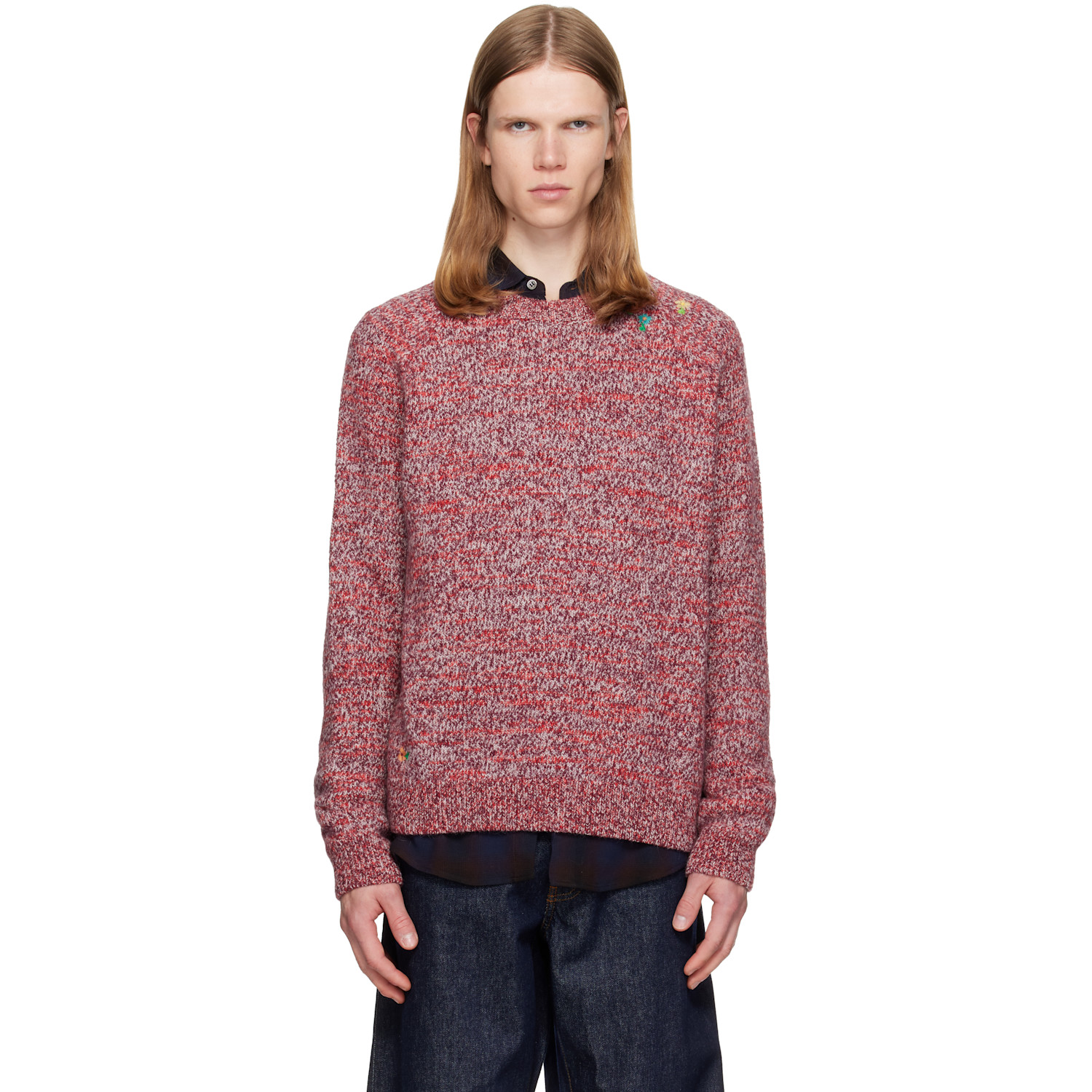 Dries Van Noten Red Embroidered Flowers Wool Sweater
