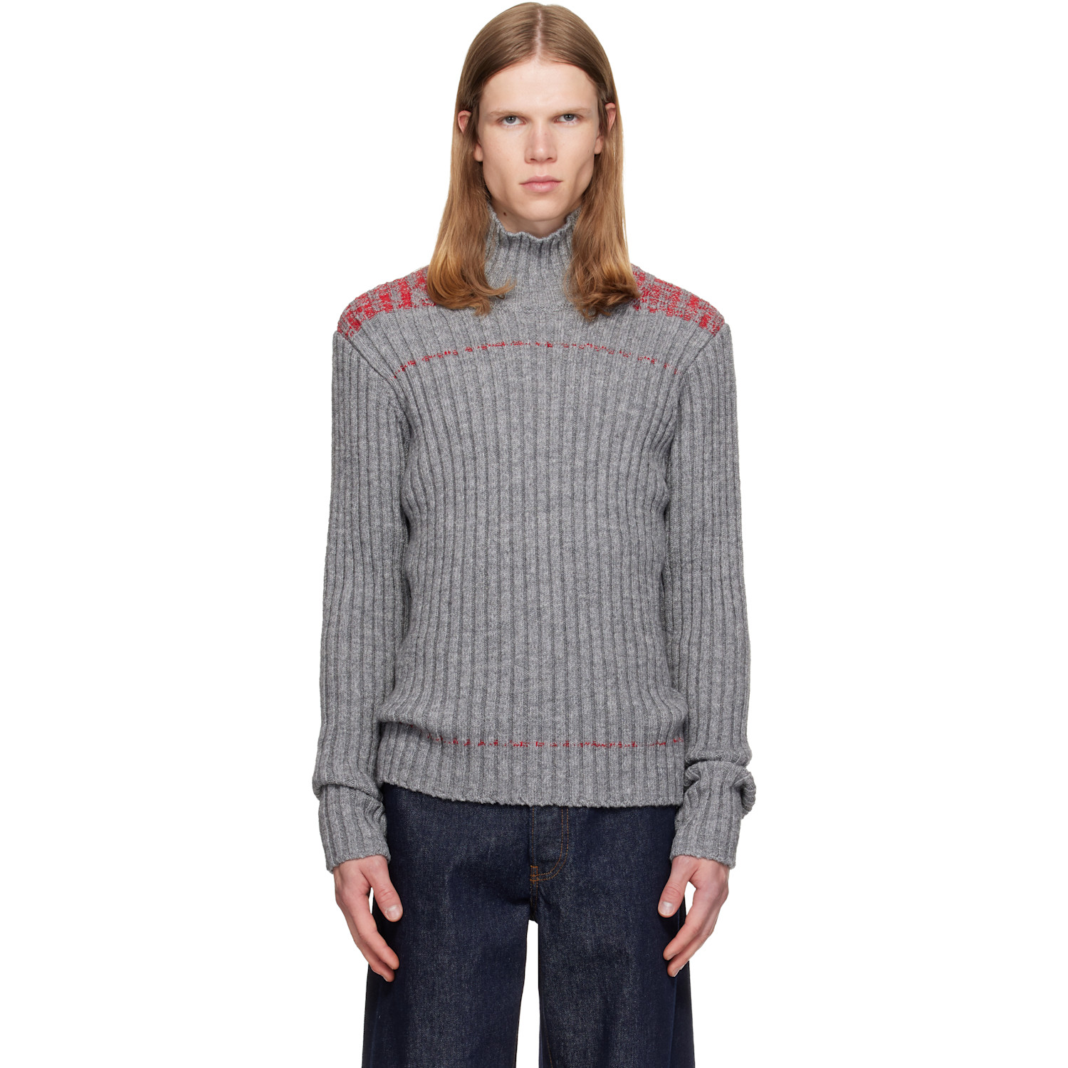 Dries Van Noten Gray Rib-Knit Wool Turtleneck
