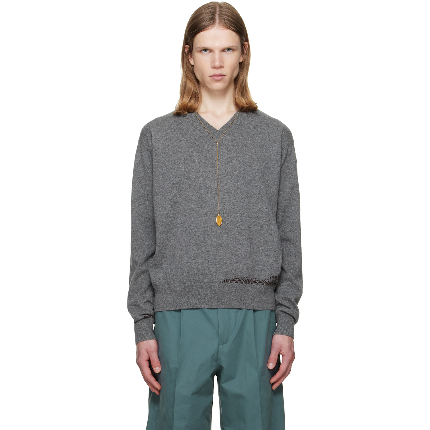 Dries Van Noten Gray Intarsia Cashmere Sweater