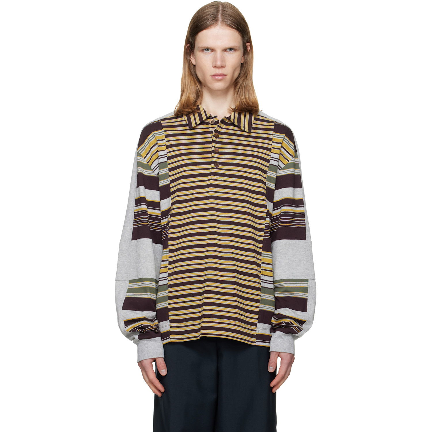 Dries Van Noten Burgundy & Gray Striped Cotton Polo
