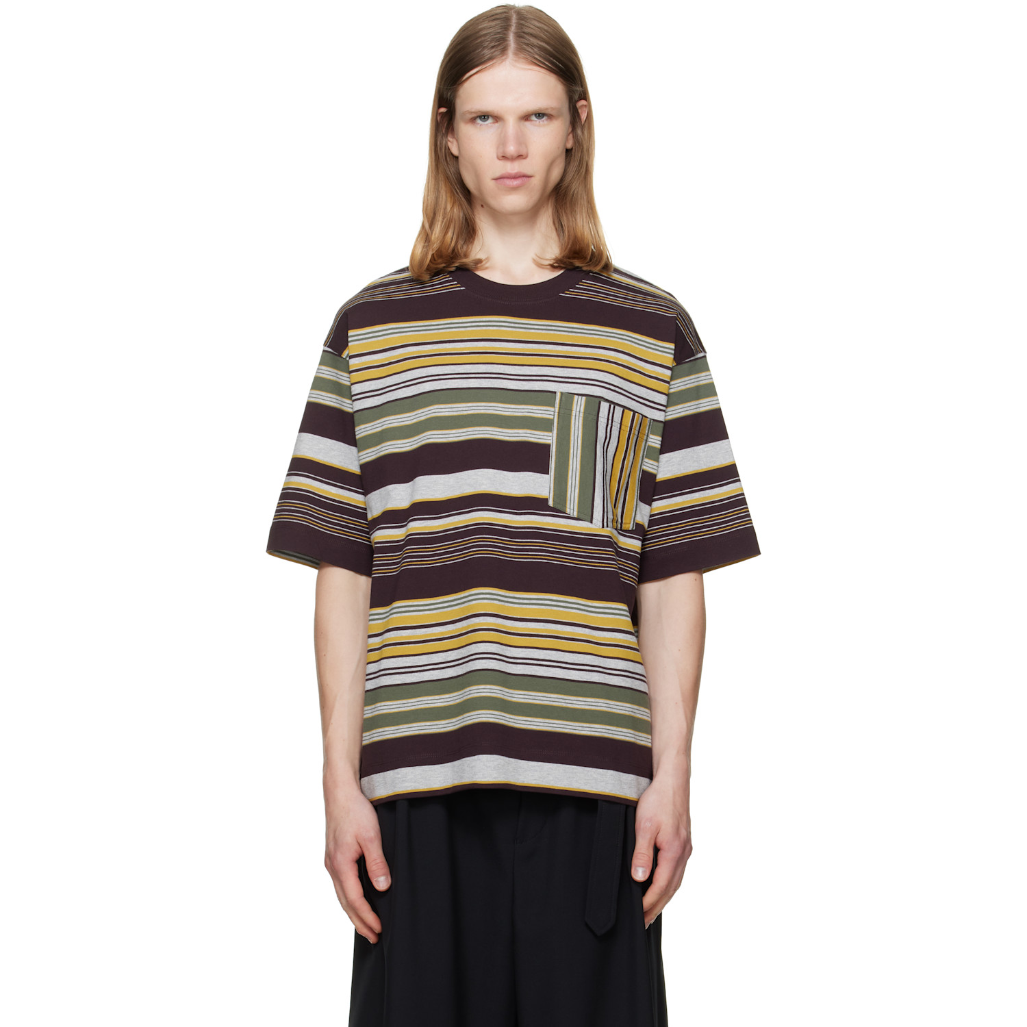 Dries Van Noten Burgundy & Gray Striped T-shirt