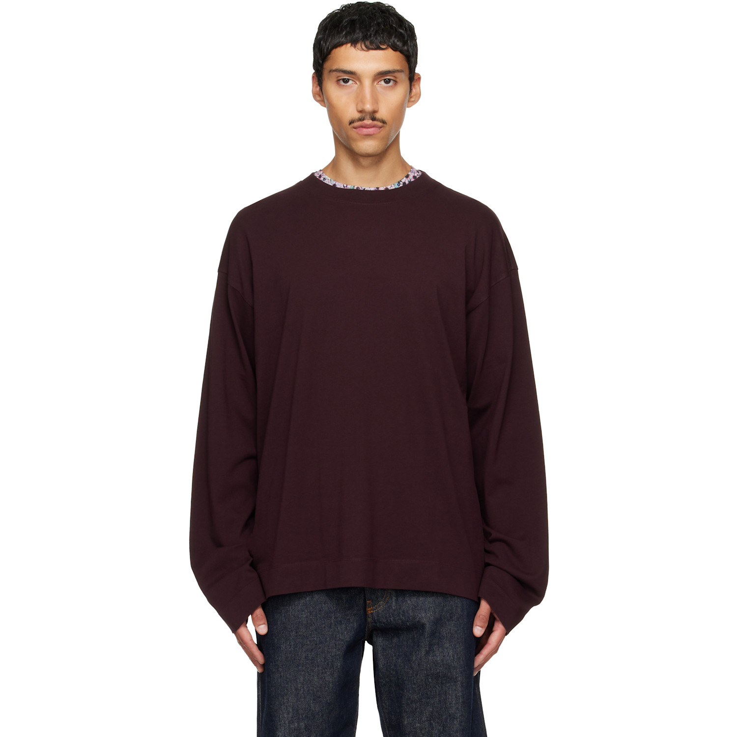 Dries Van Noten Burgundy Long Sleeve Cotton T-shirt