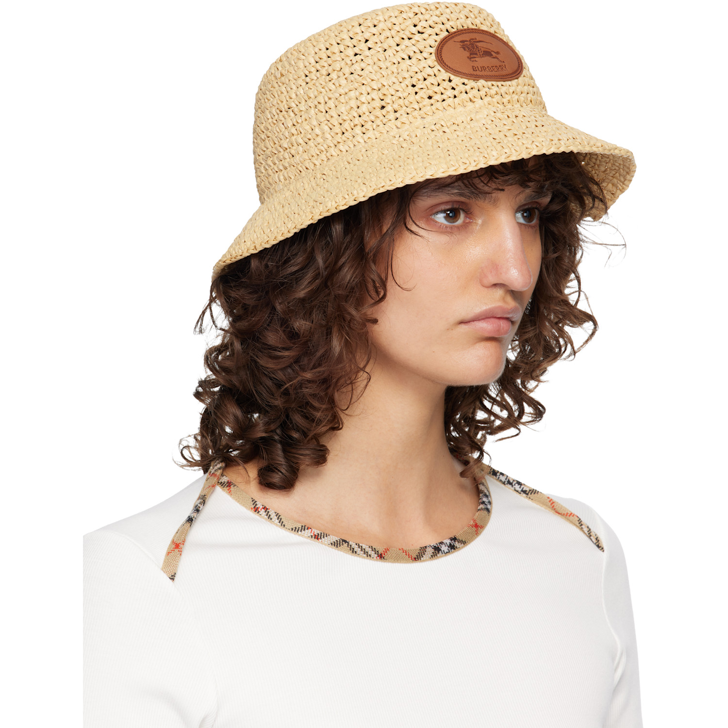  Burberry Beige Knight Stamp Raffia-effect Bucket Hat 
