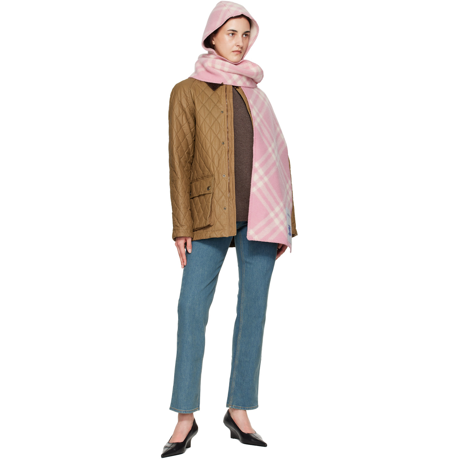  Burberry Pink Check Wool Hooded Scarf 