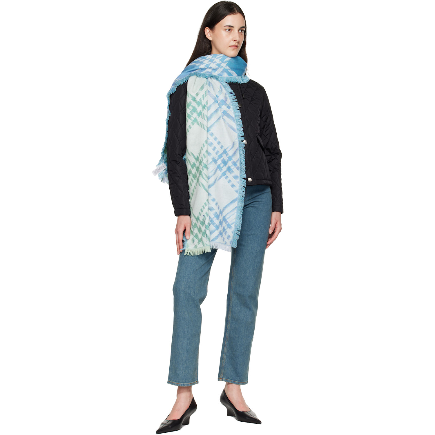  Burberry Blue Gradient Check Wool Silk Scarf 
