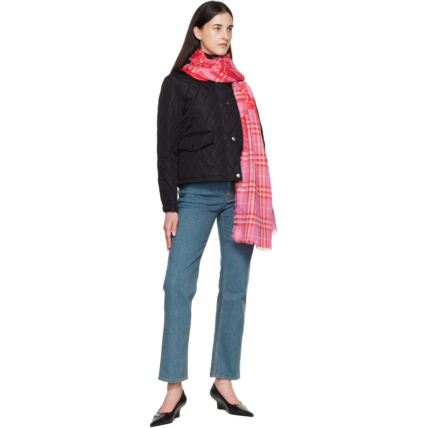  Burberry Pink & Red Ekd Check Scarf 