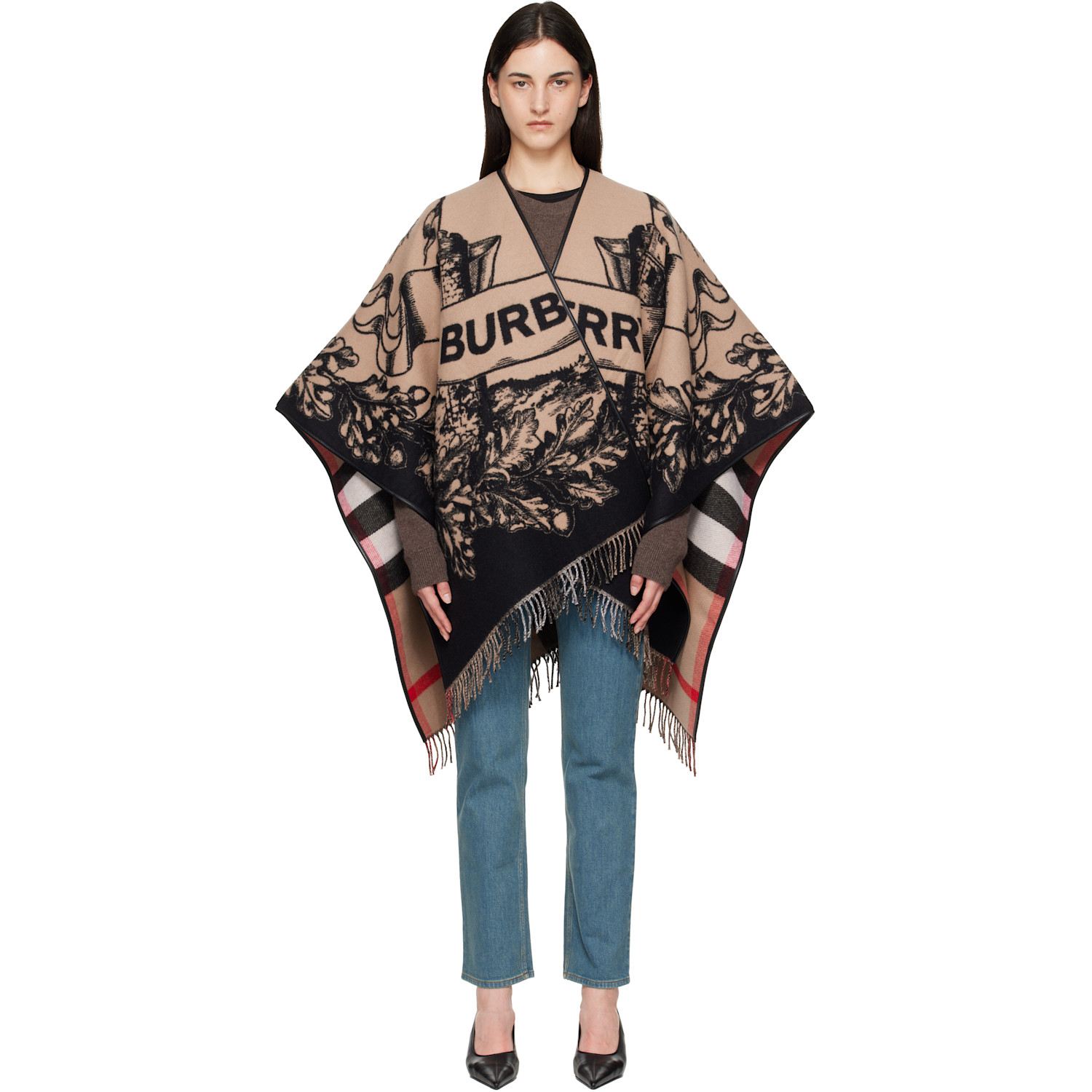 Burberry Beige & Black Gallant Knight Wool Cape