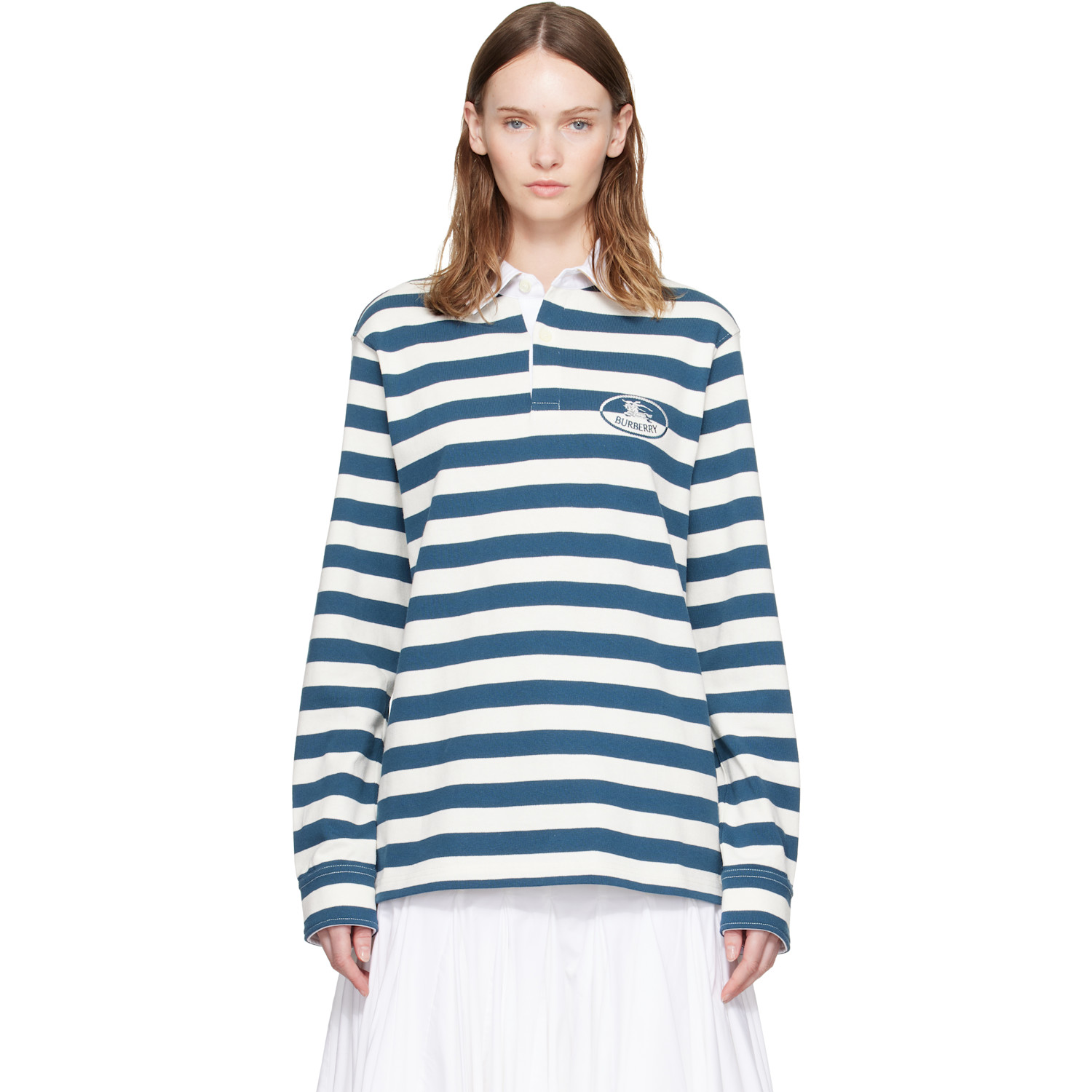 Burberry White & Blue Knight Stamp Cotton Rugby Polo