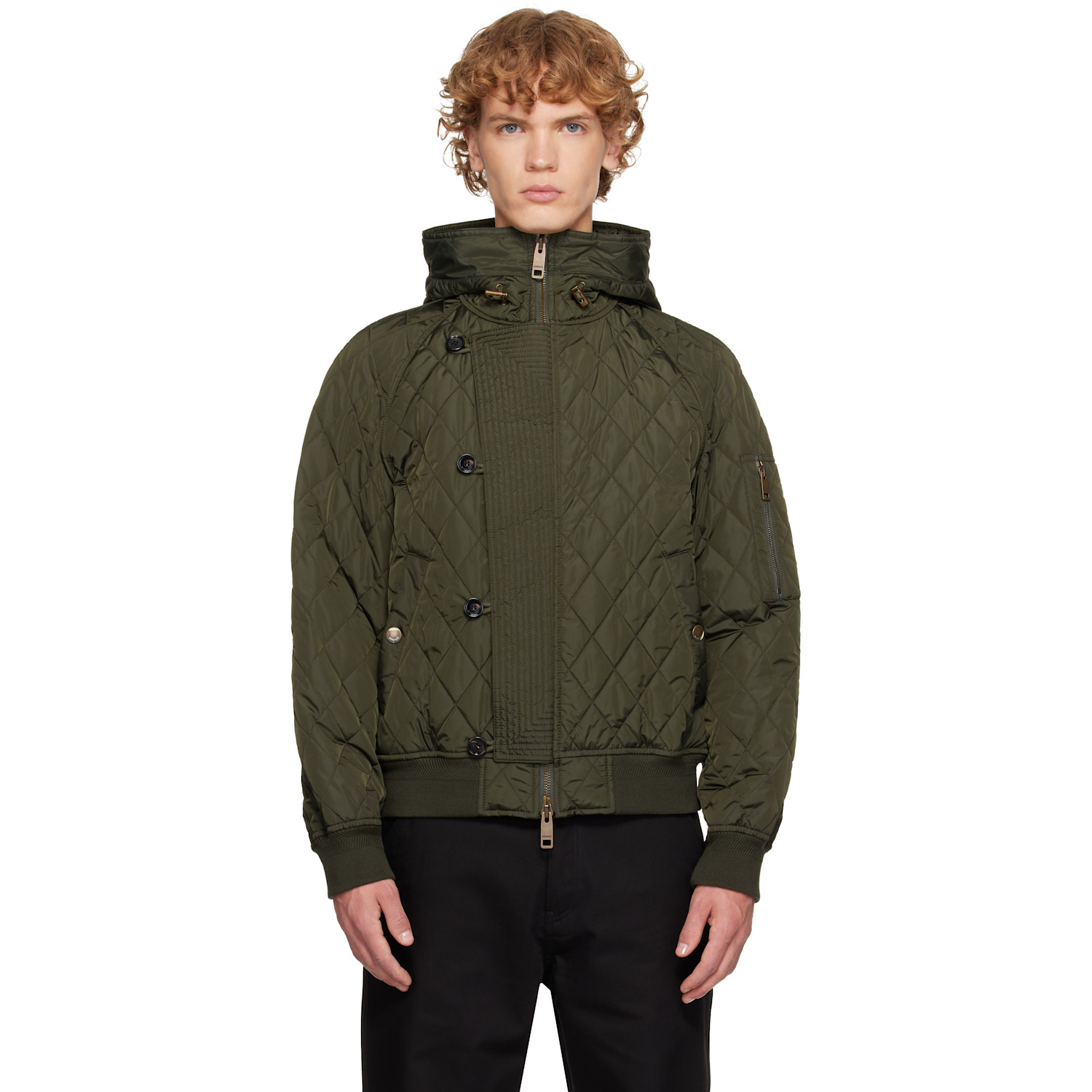 Burberry Khaki Hooded Quilted Nylon Bomber Jacket