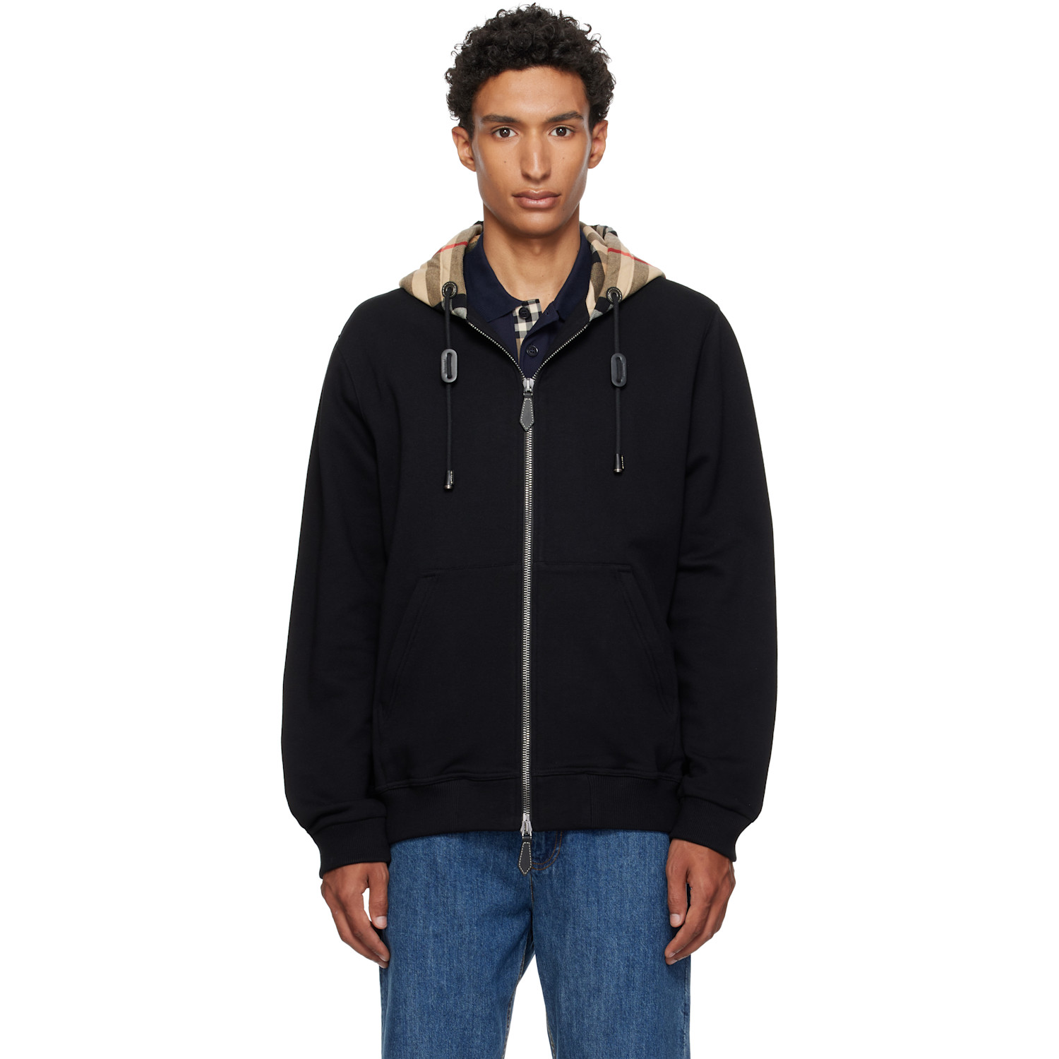 Burberry Black Check Hood Cotton Zip Hoodie