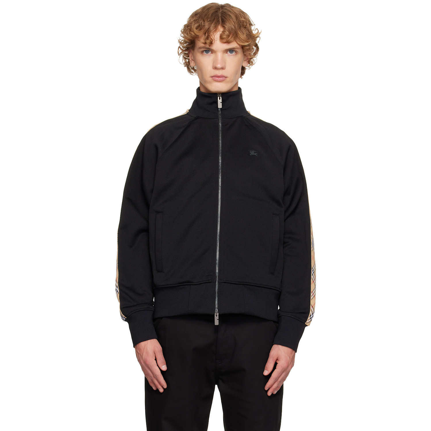 Burberry Black Check Trim Cotton Blend Track Jacket