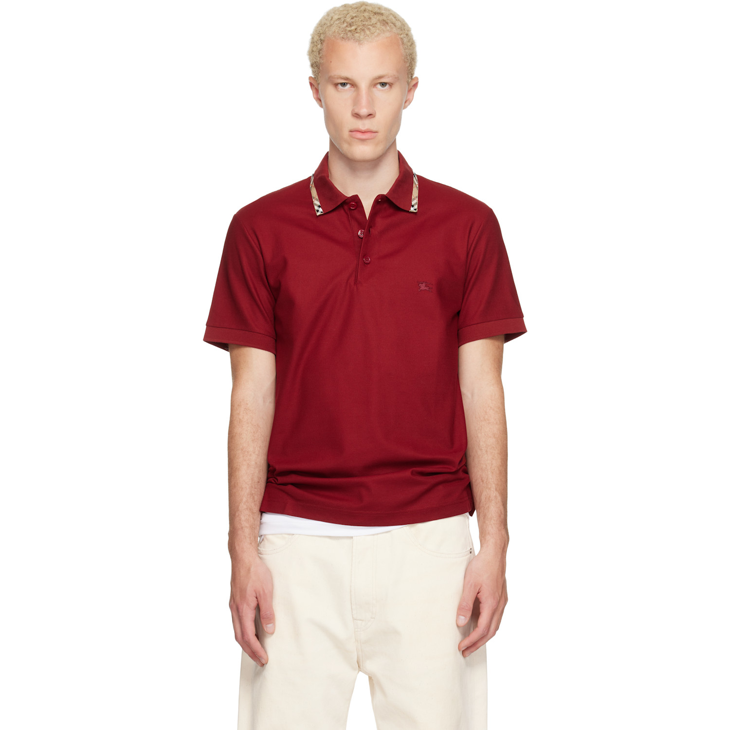 Burberry Red Check Trim Cotton Polo